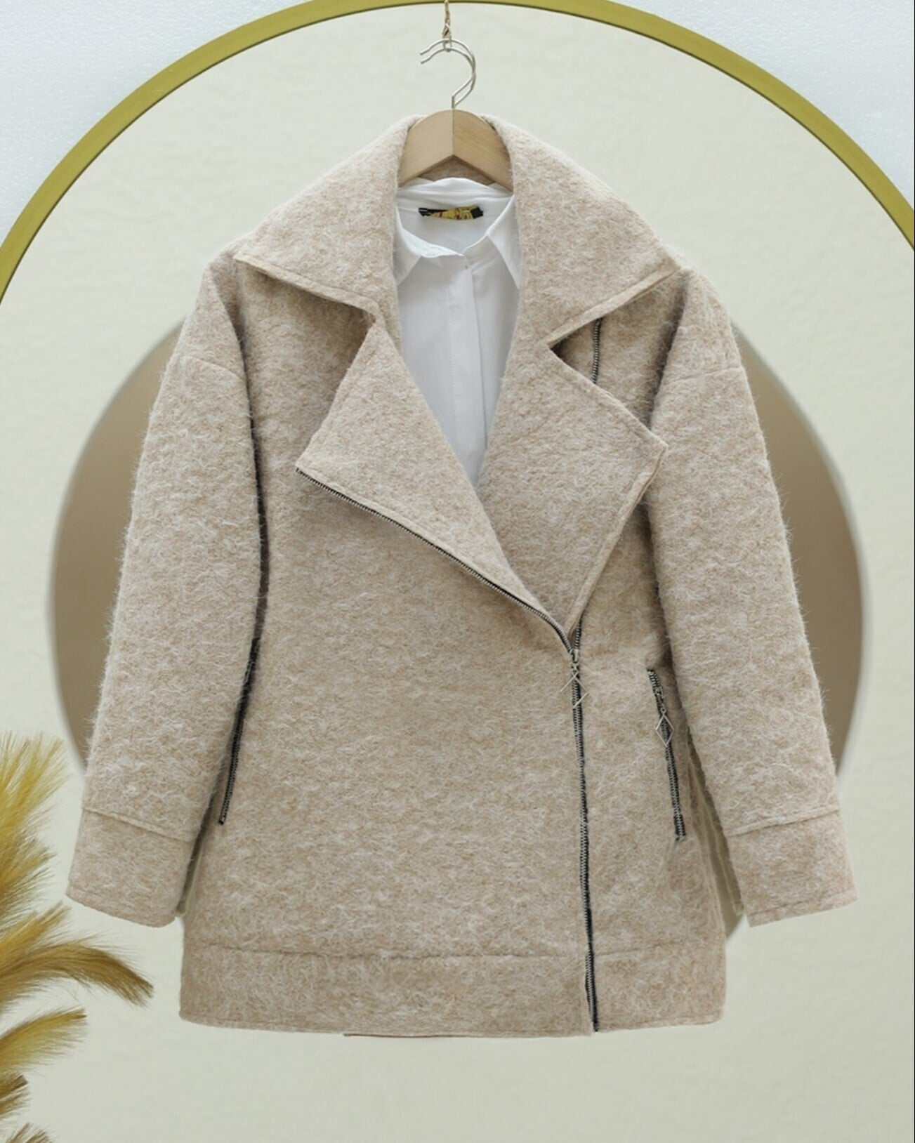 Beige Zip-Front Lined Boucle Jacket - Podyumplus - by Peralane - photo 2