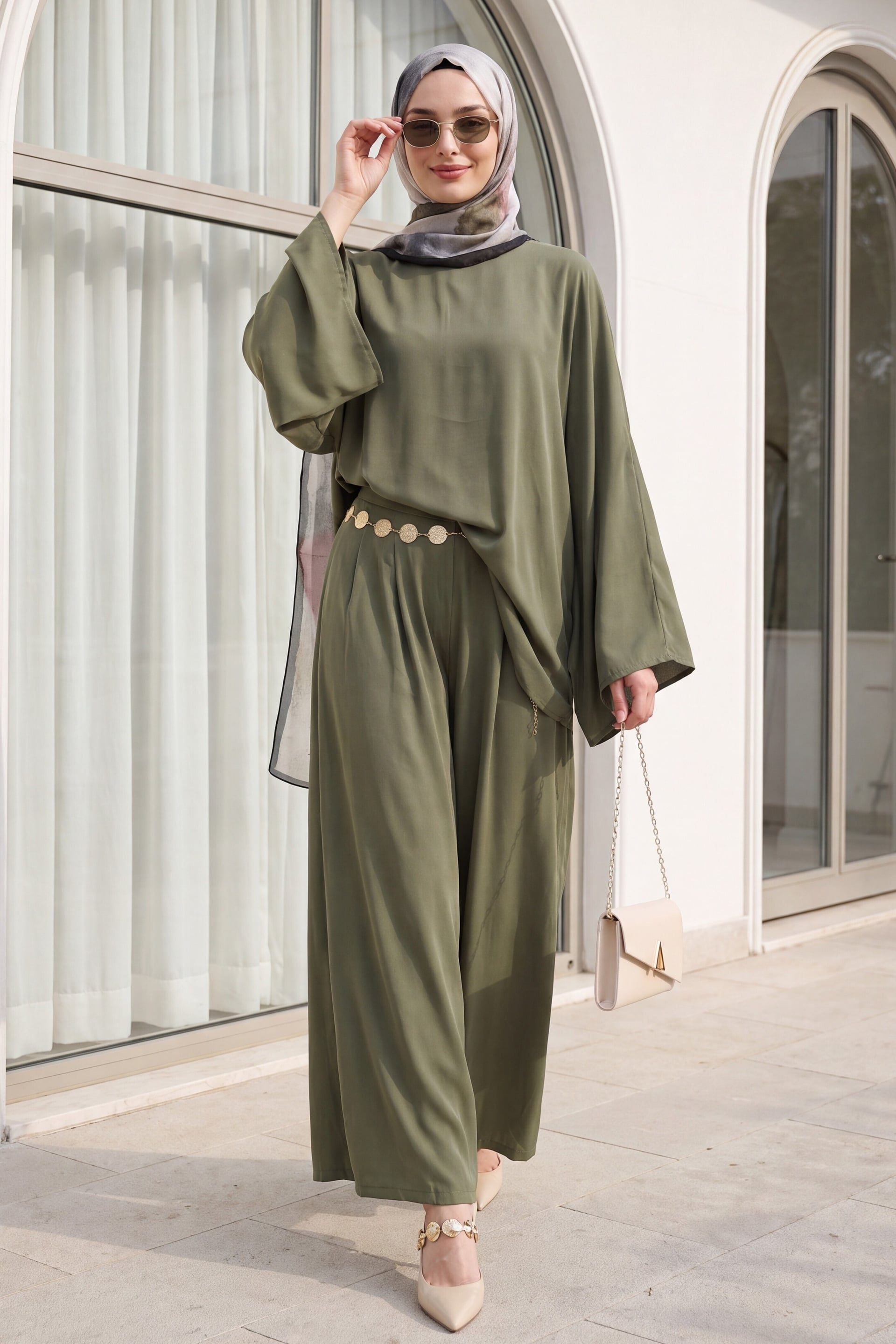 Asymmetric Cut Wide-Sleeve Wide-Leg Trousers Belted Modal Set - Olive Green - Podyumplus - by Peralane