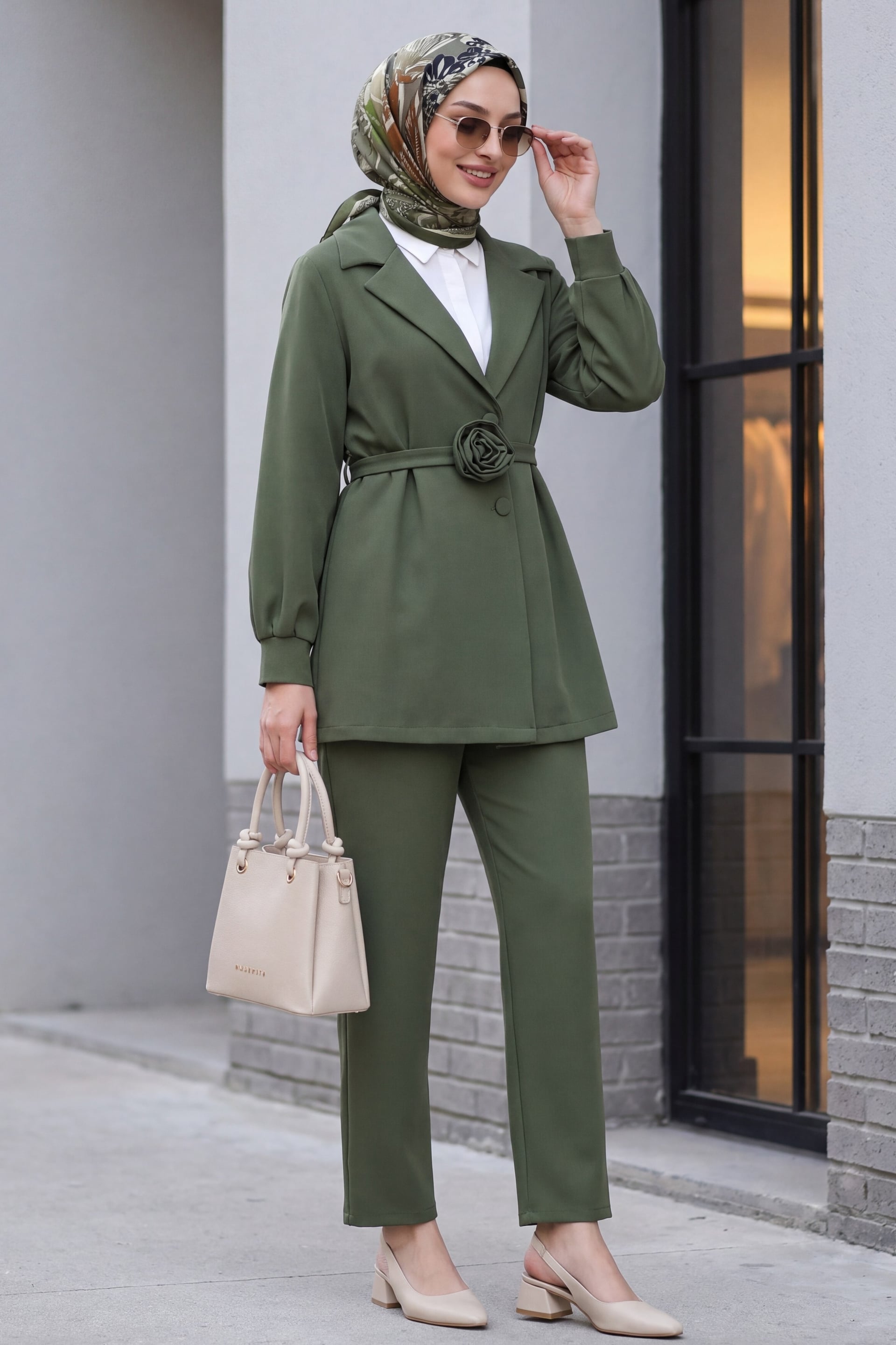 Rose Detail Belted Double-Breasted Blazer and Trousers Set - Olive Green - Podyumplus - by Peralane - photo 3