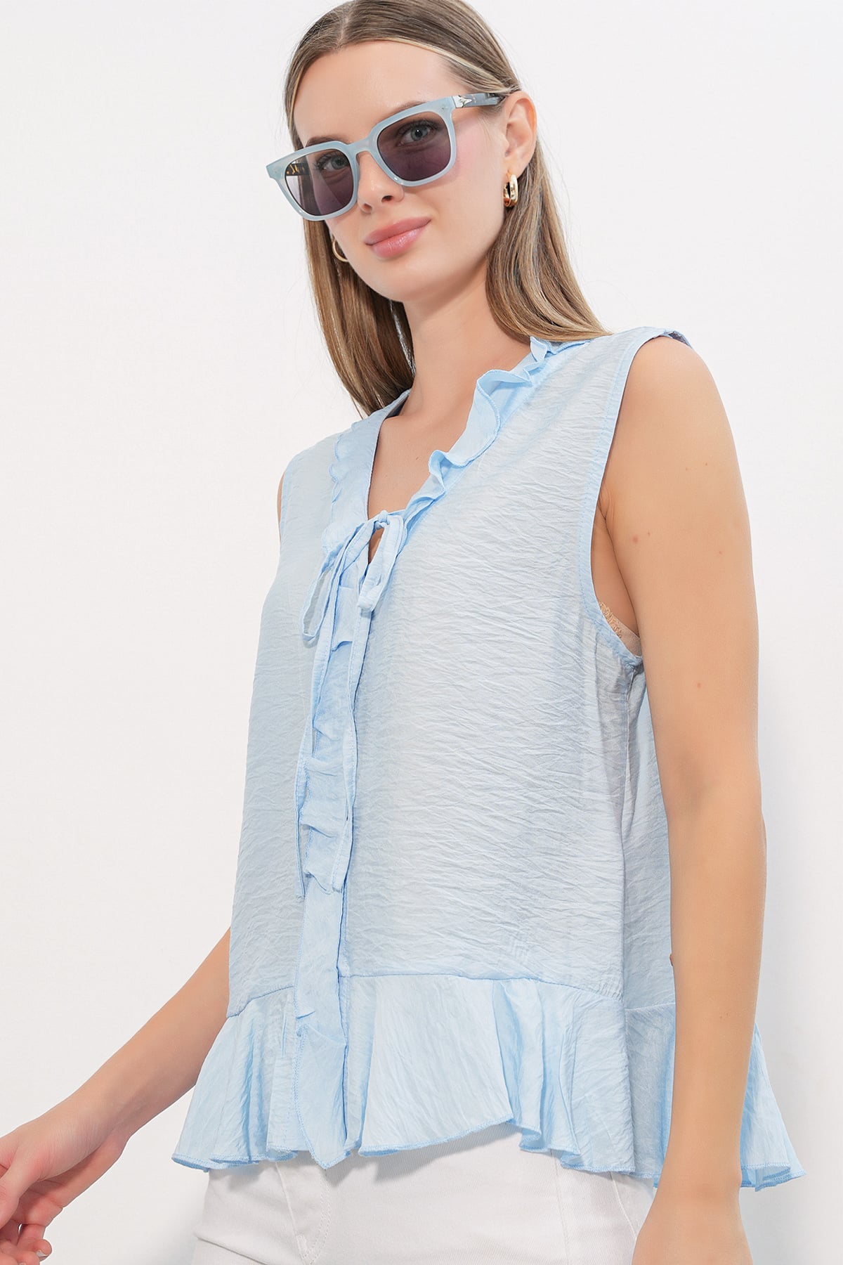 Women's V-Neck Tie-Front Ruffle Blouse 40033 - Blue - Bigdart - by Peralane - photo 2