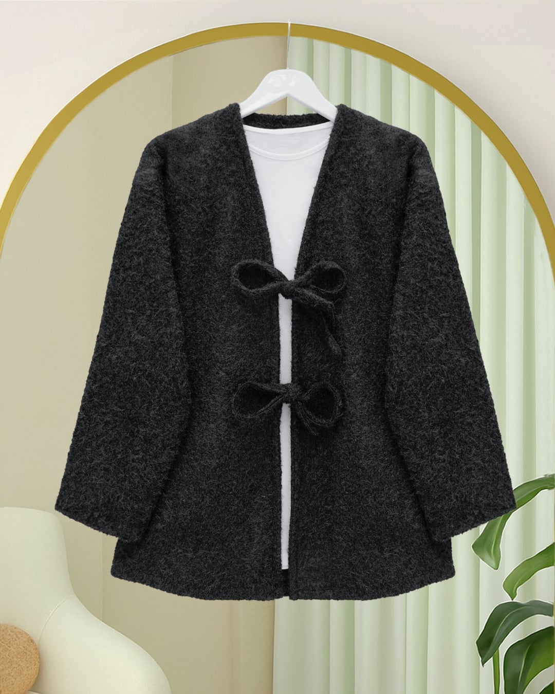 Black Front-Tie Fringed Kimono - Podyumplus - by Peralane - photo 3