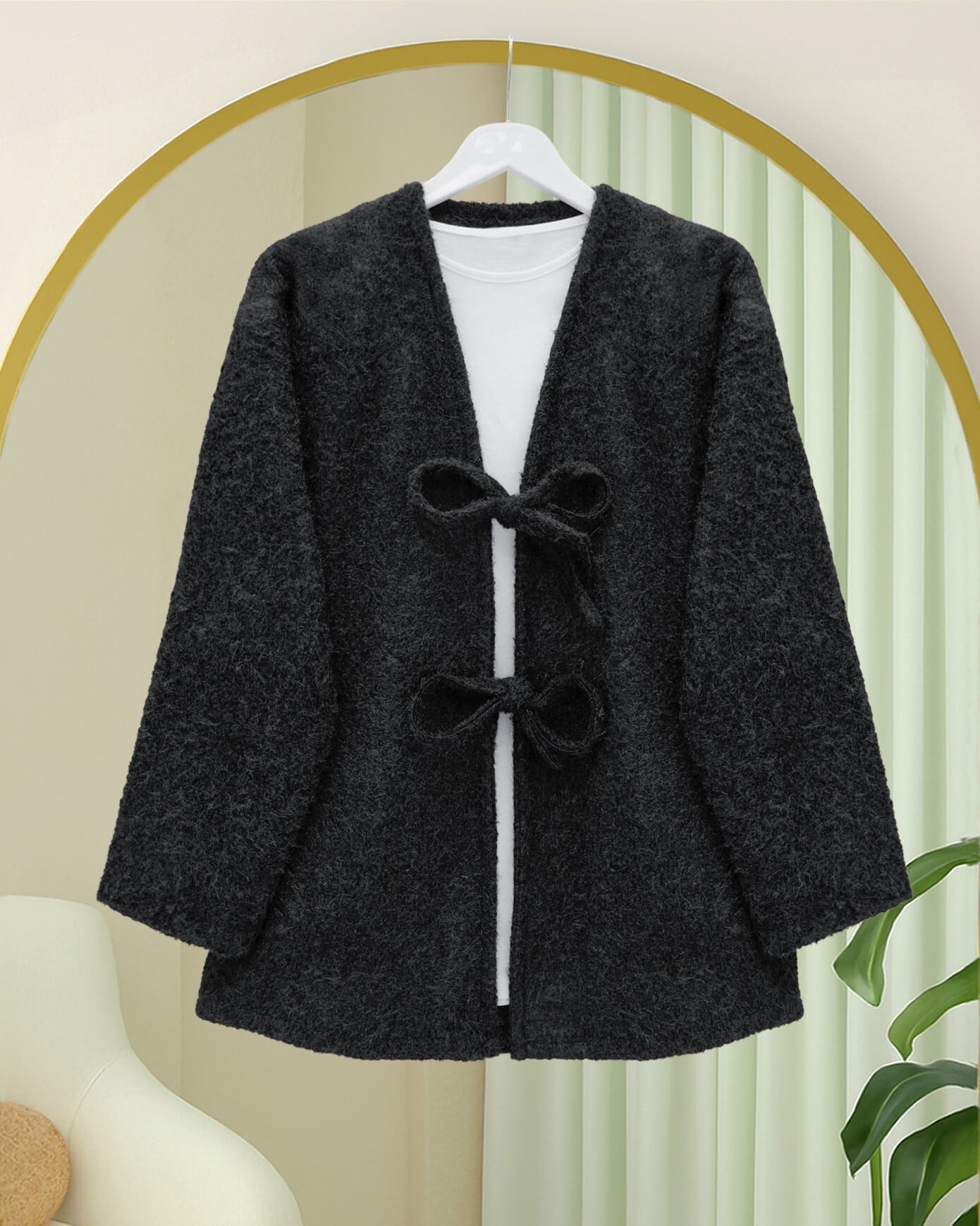 Black Front-Tie Fringed Kimono - Podyumplus - by Peralane - photo 3