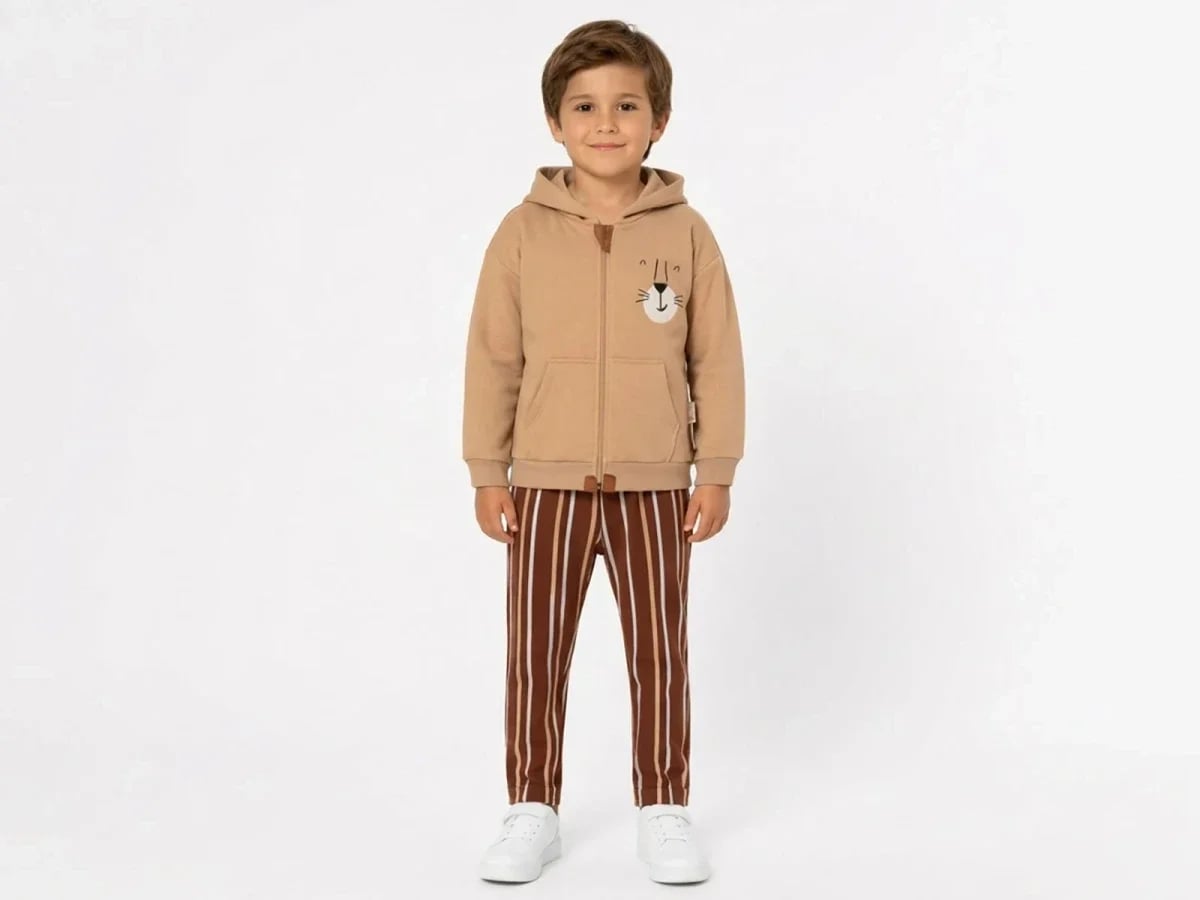 Boys' Hooded Sweatshirt and Striped Trousers Set - Brown - Vovido - by Peralane