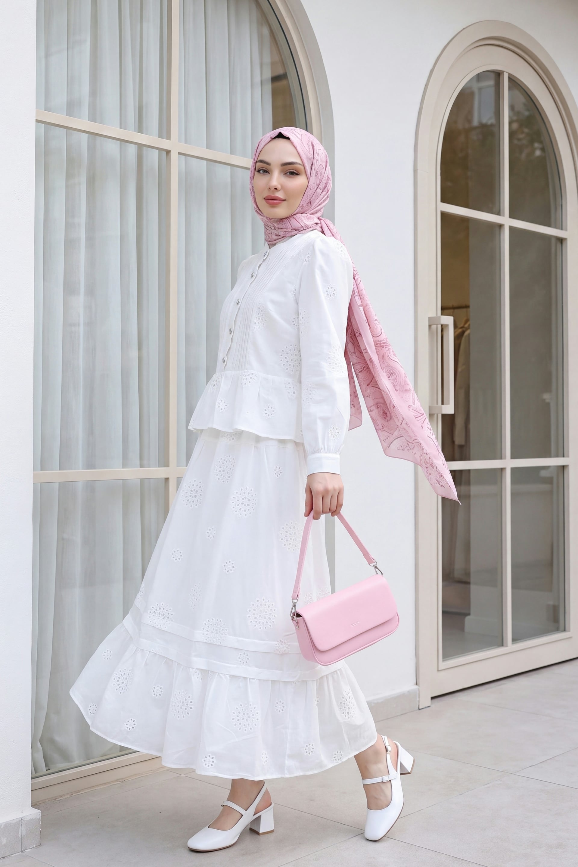 Ribbed Front Stone Button Peplum Lined Skirt Linen Look Set - White - Podyumplus - by Peralane - photo 4