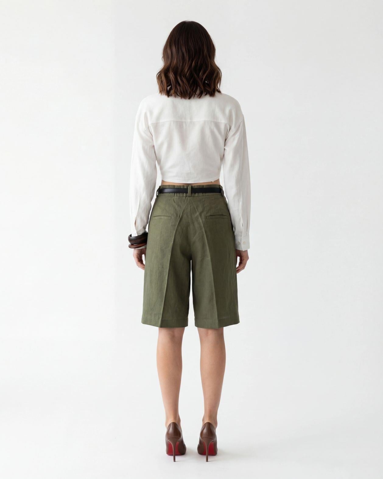 Women's High Waist Linen Bermuda Shorts in Olive Green - Fame - by Peralane - photo 3
