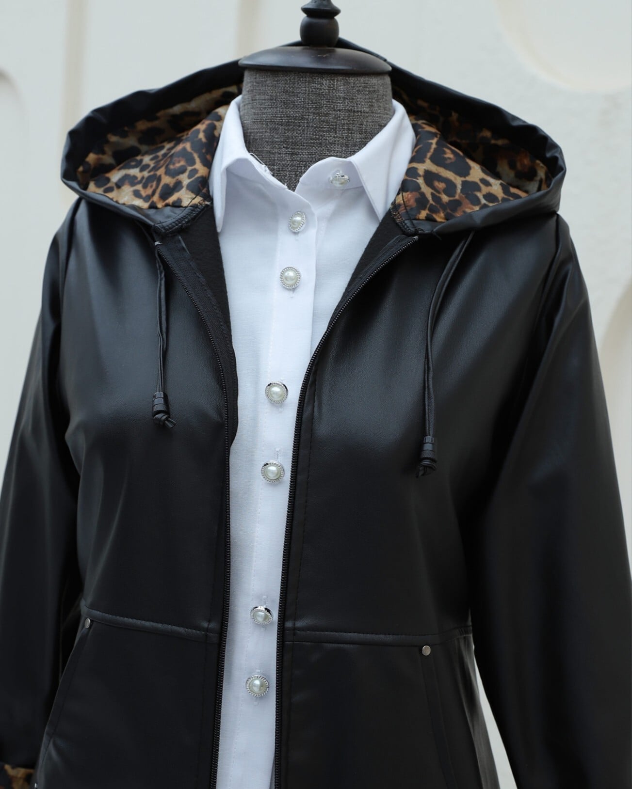 Black Faux Leather Zip Jacket with Leopard Print Hood and Cuffs - Podyumplus - by Peralane - photo 5