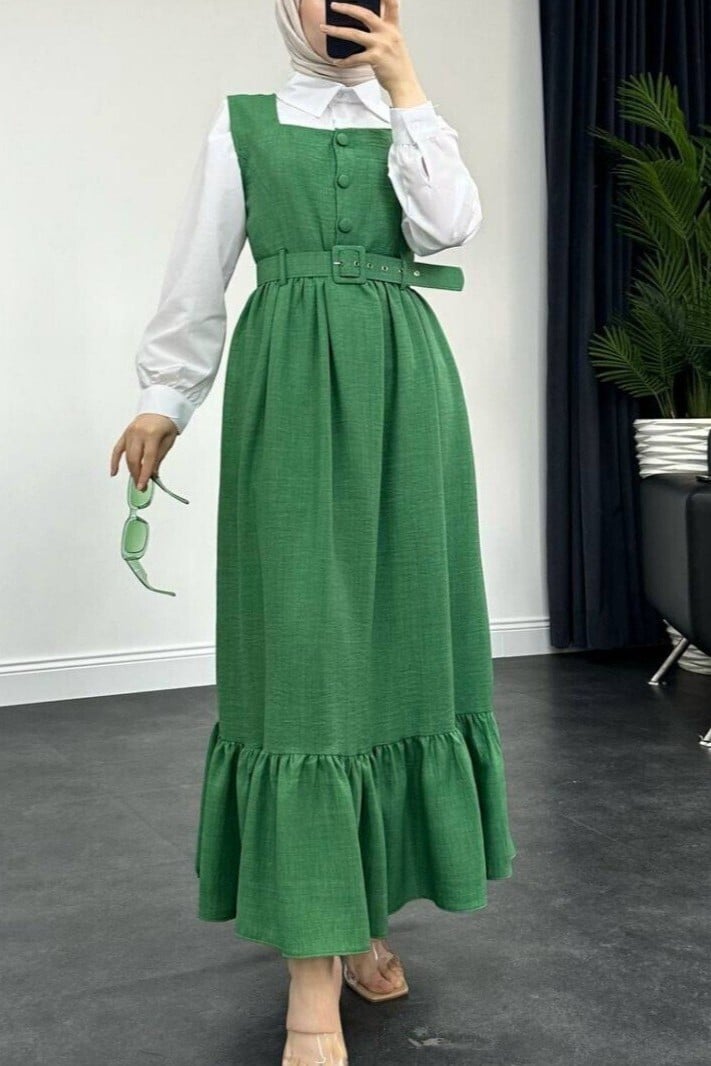 Two-Piece Set with Buttoned Shirt and Green Pinafore Dress - Podyumplus - by Peralane - photo 3