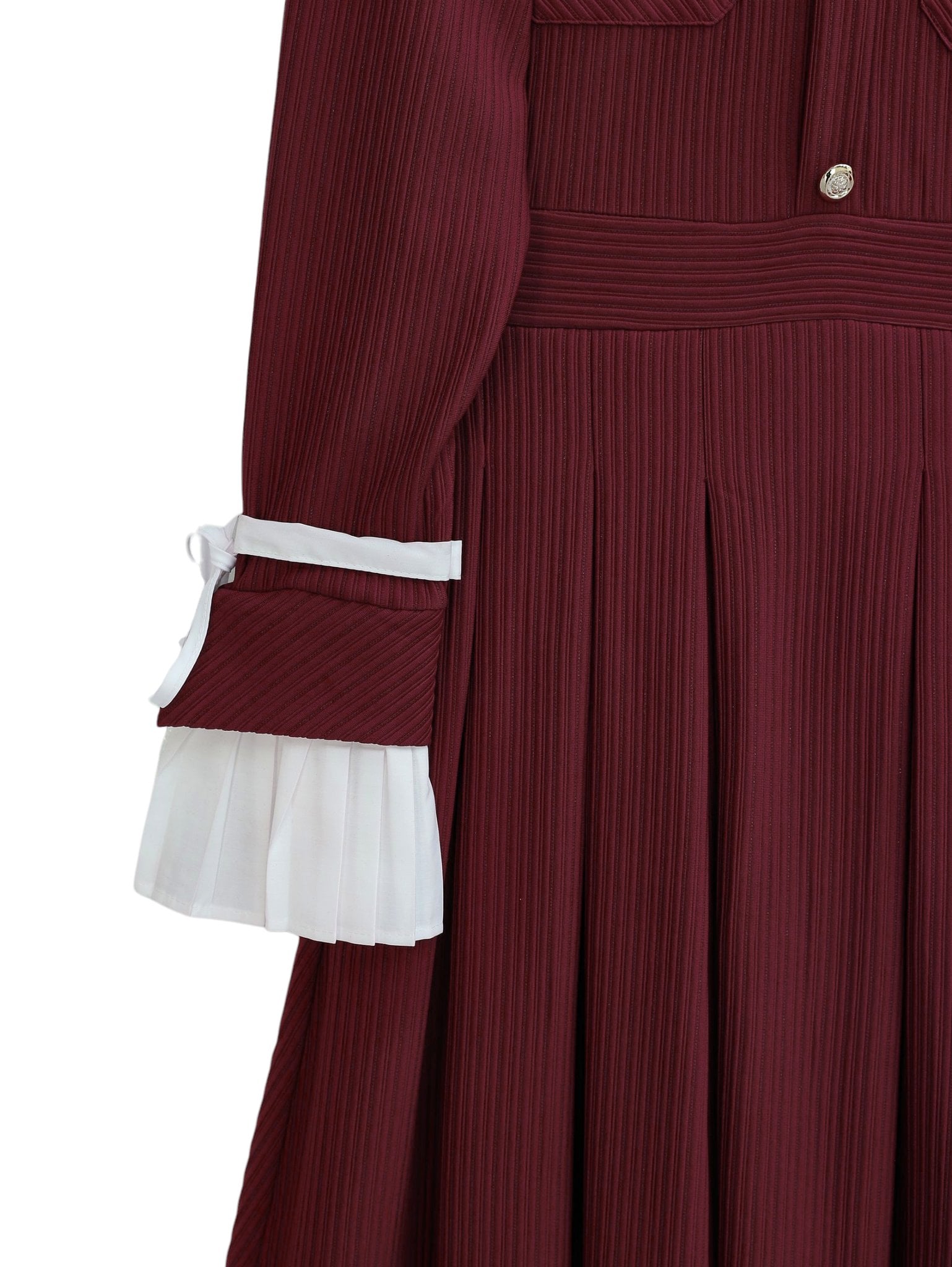 Padded Shoulder Laced Sleeve Button Detail Pocket Pleated Dress - Burgundy - Podyumplus - by Peralane - photo 6