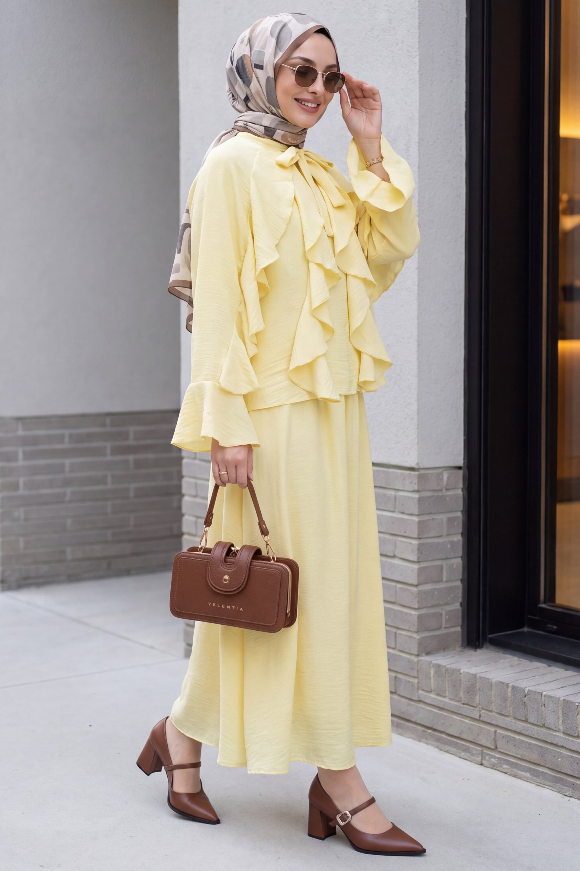 Pale Yellow Tie-Neck Ruffle Trimmed Lined Tulle Modal Two-Piece Set - Podyumplus - by Peralane - photo 2