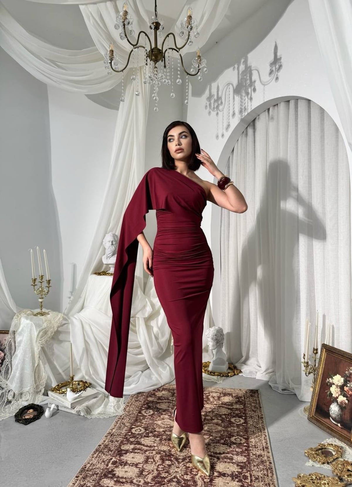 One-Shoulder Ruched Jersey Dress in Deep Red - ETK-00851 - Etika - by Peralane - photo 5