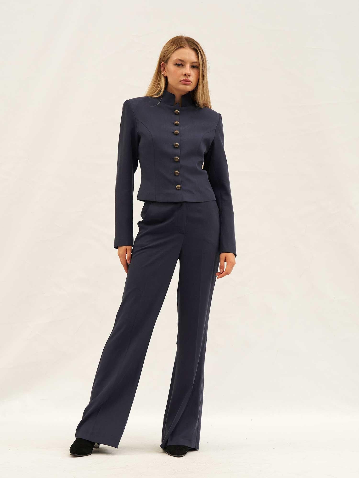 Navy Blue Button-Up Jacket and Wide-Leg Trousers Co-ord Set - Lefon - by Peralane