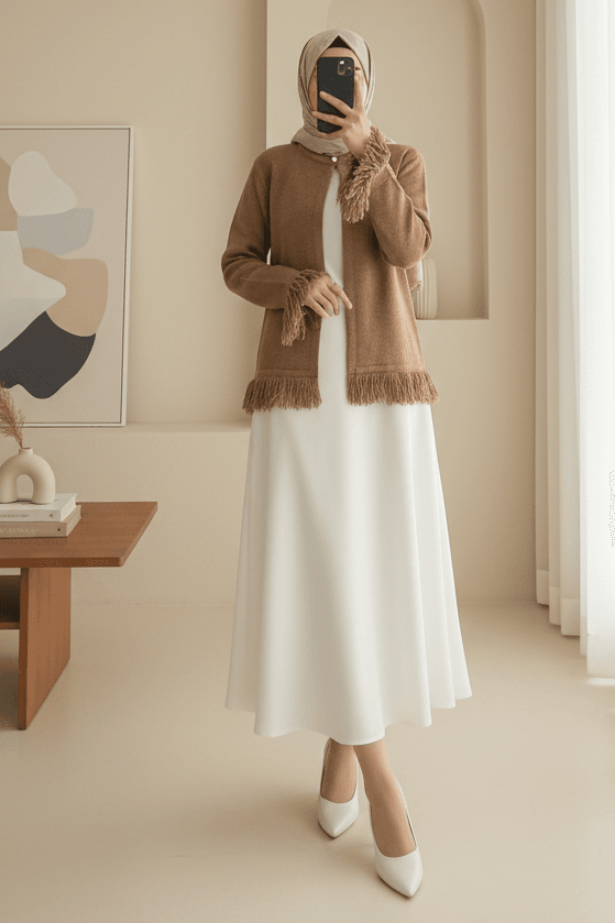 Single Button Fringed Soft Knit Cardigan - Mink - Podyumplus - by Peralane