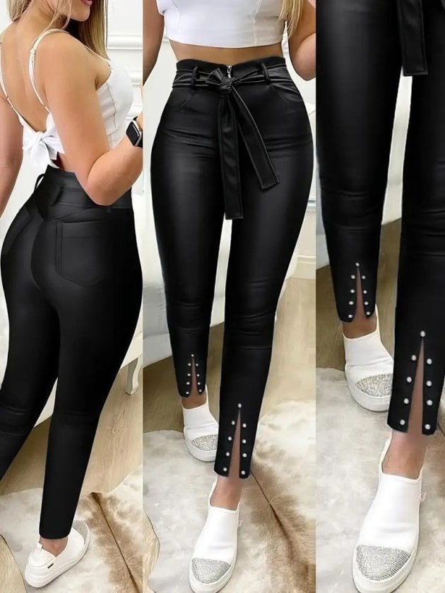 Women's High Waist Faux Leather Trousers with Pearl Detail - Janes - by Peralane