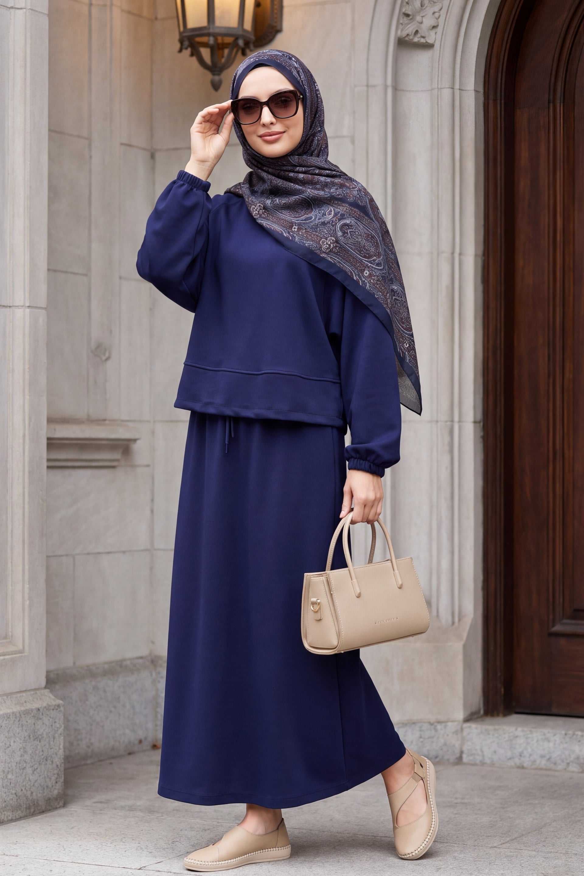 Navy Batwing Sleeve Bicycle Neck Two-Piece Sweatshirt and Skirt Set - Podyumplus - by Peralane - photo 4
