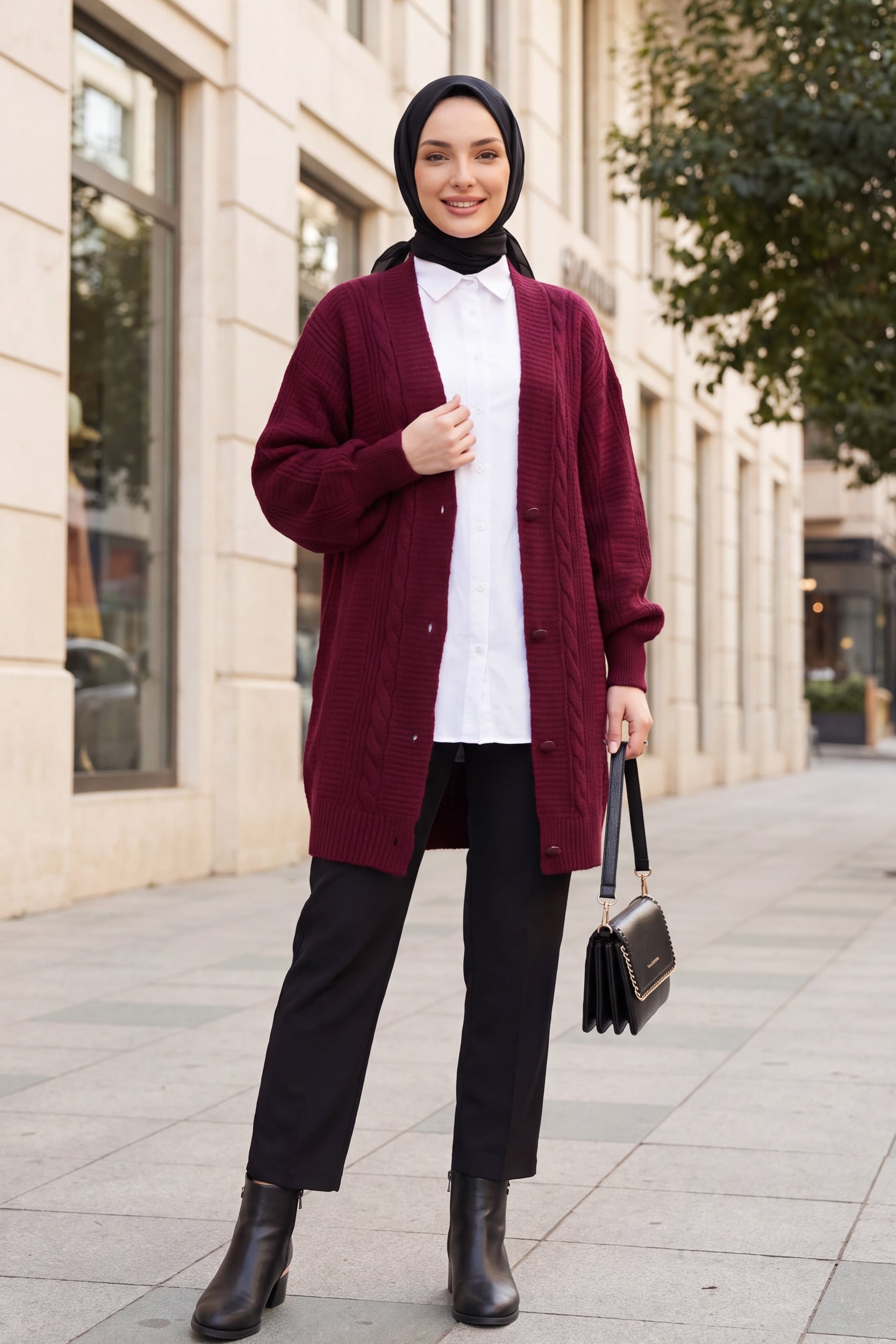 Women's Burgundy Cable Knit Cardigan with Buttons - Bigdart - by Peralane - photo 3