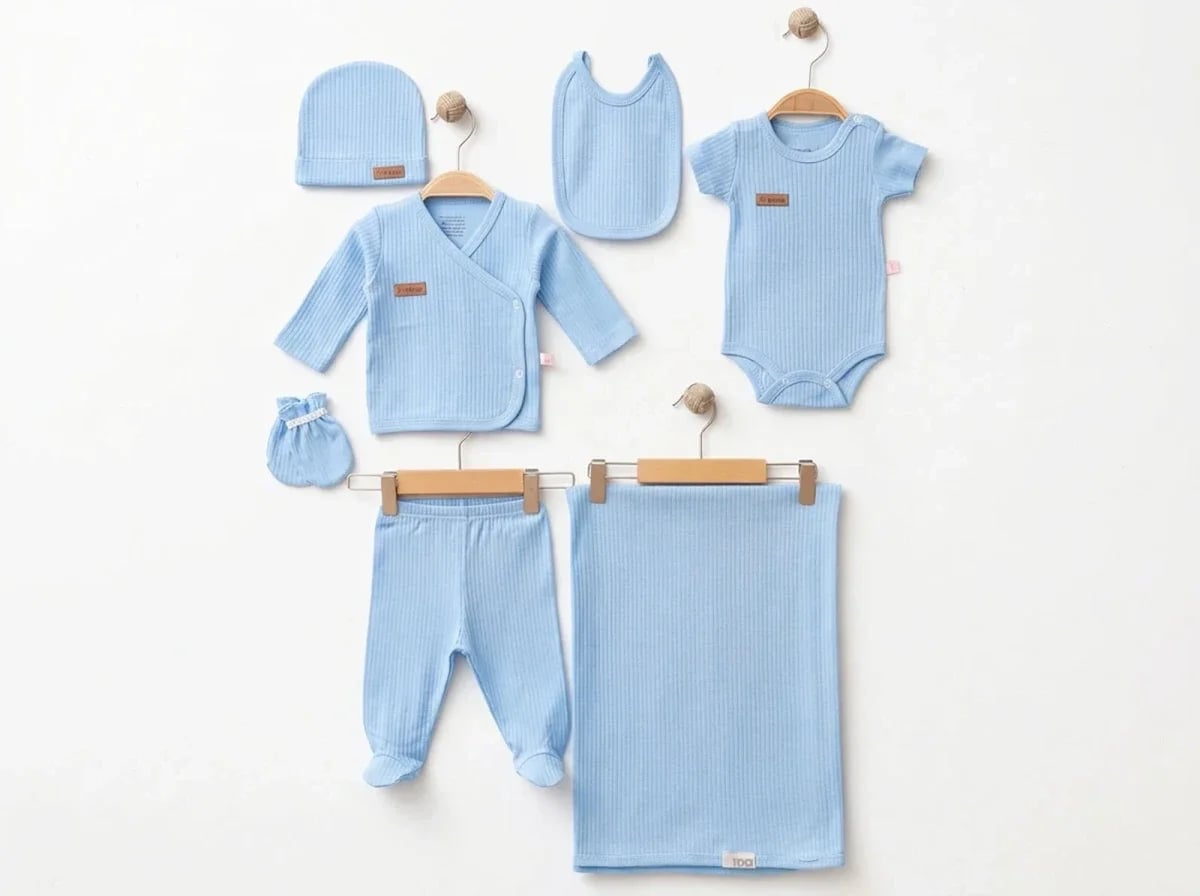 Unisex 7-Piece Hospital Exit Newborn Bodysuit Set in Light Blue - Esya - by Peralane