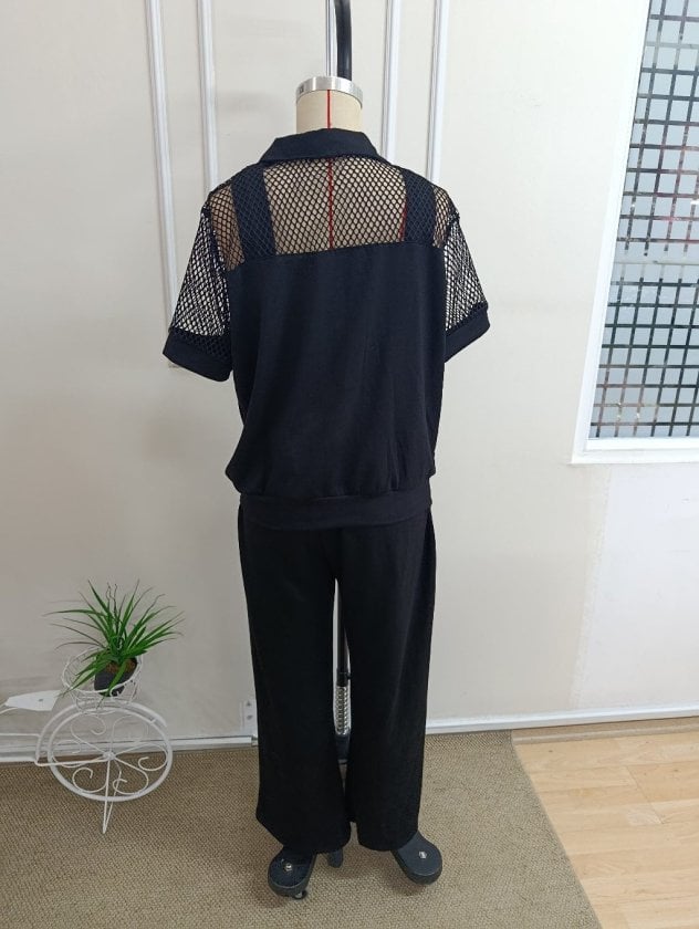 Women's Short Sleeve Collared Button Front Mesh Detail Modal Jacket and Wide Leg Trousers Set in Black - Janes - by Peralane - photo 7