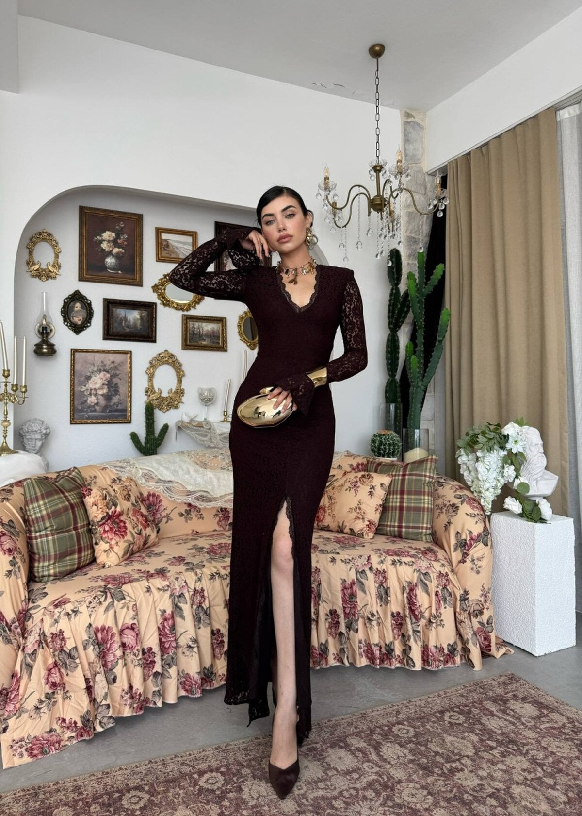Lace V-Neck Long Dress with Flared Sleeves - Dark Brown - Etika - by Peralane - photo 6