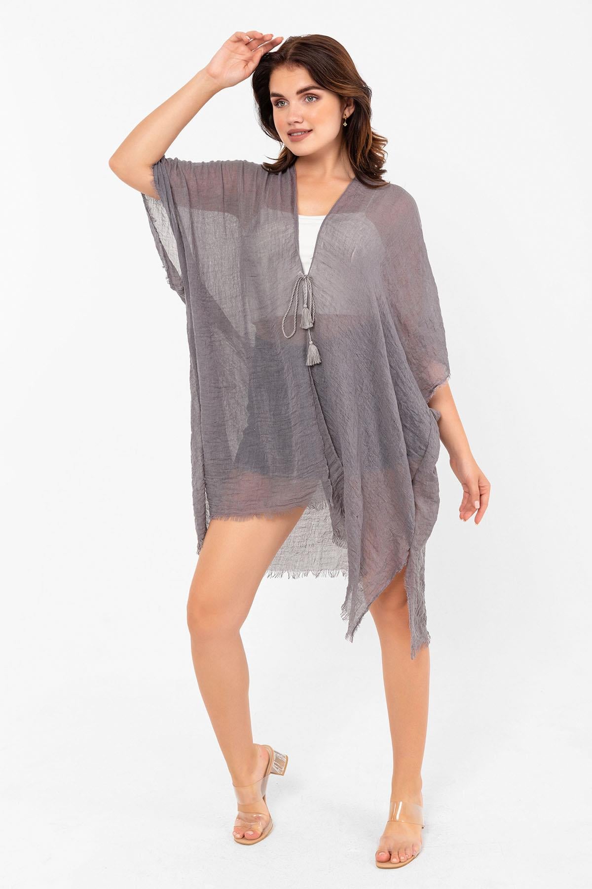 Women's Grey Crinkle Kimono Pareo with Tassel Tie - Sold as Pack of 4 - Nesvay - by Peralane - photo 3