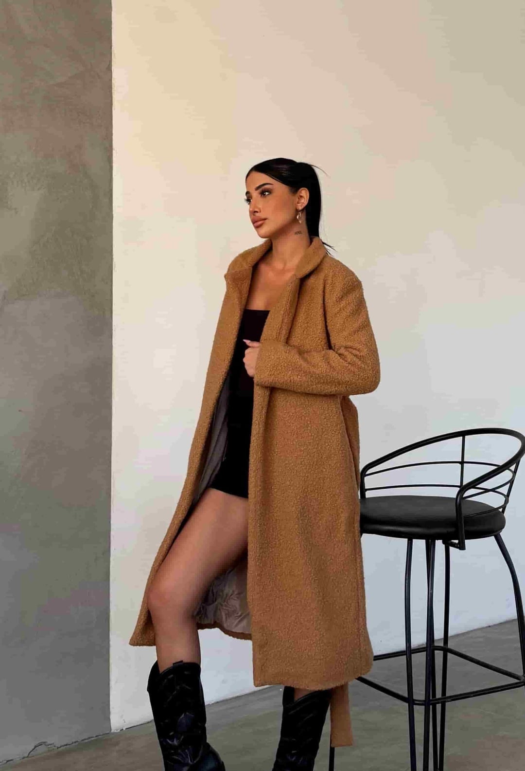 Long Camel Wool Blend Boucle Coat with Tie Belt - My Bee - by Peralane