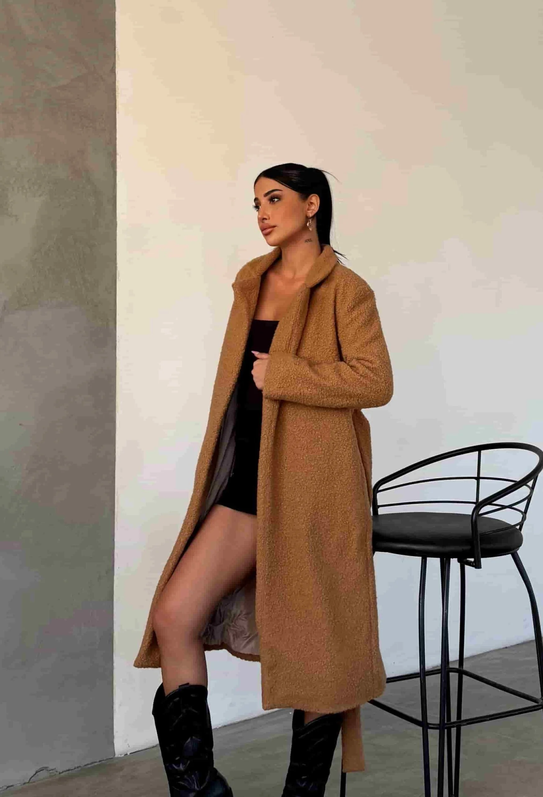 Long Camel Wool Blend Boucle Coat with Tie Belt - My Bee - by Peralane