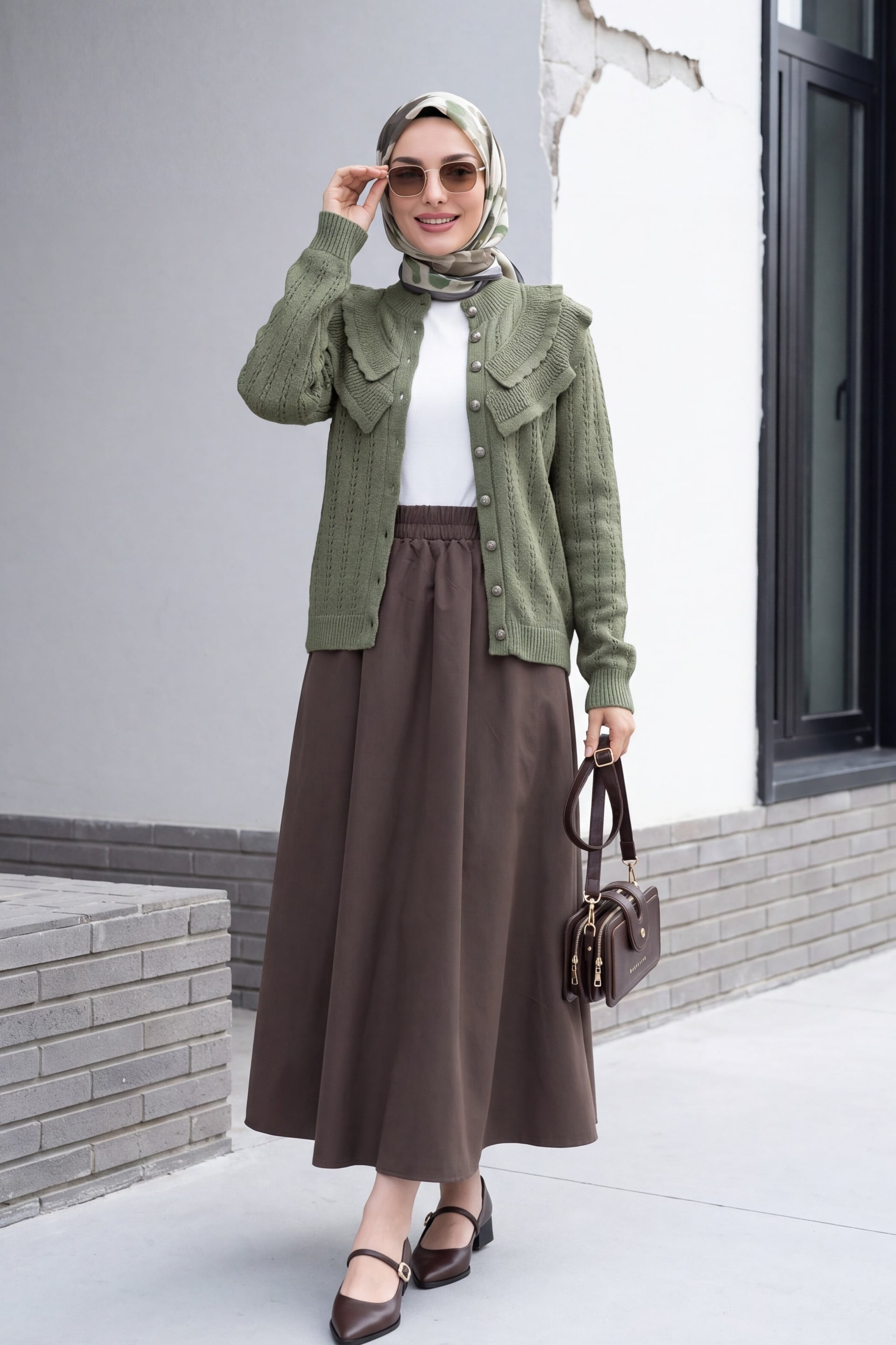 Ruffled Collar Openwork Button Front Knit Cardigan - Khaki - Podyumplus - by Peralane - photo 3
