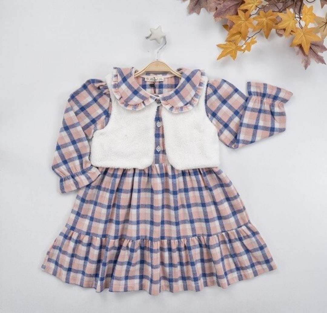 Plaid Dress with Velsoft Vest - Pink - Girls 3-6 Years - Busra Bebe - by Peralane