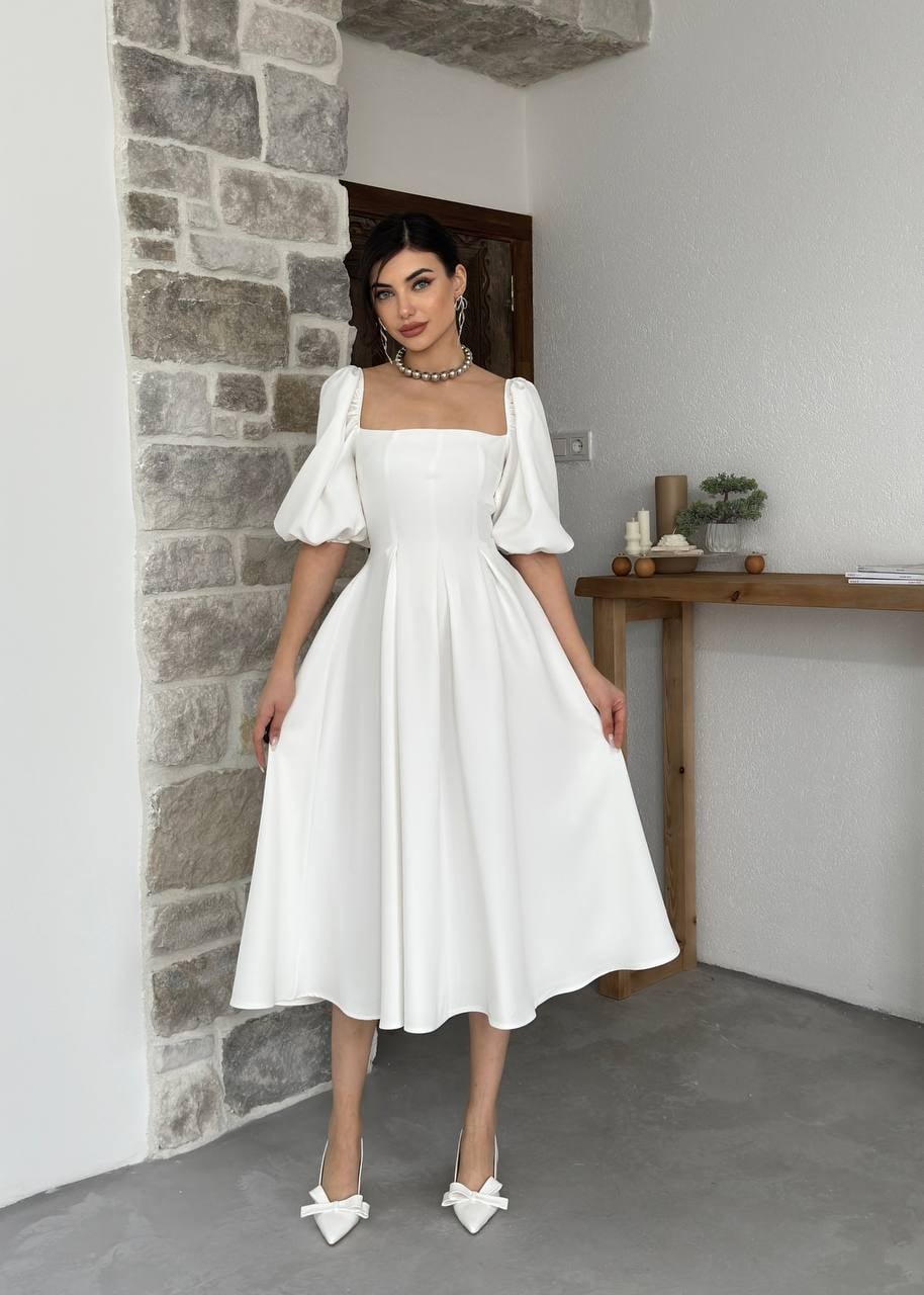 Poplin Midi Dress with Square Neck and Puff Sleeves - Ecru - Etika - by Peralane - photo 6