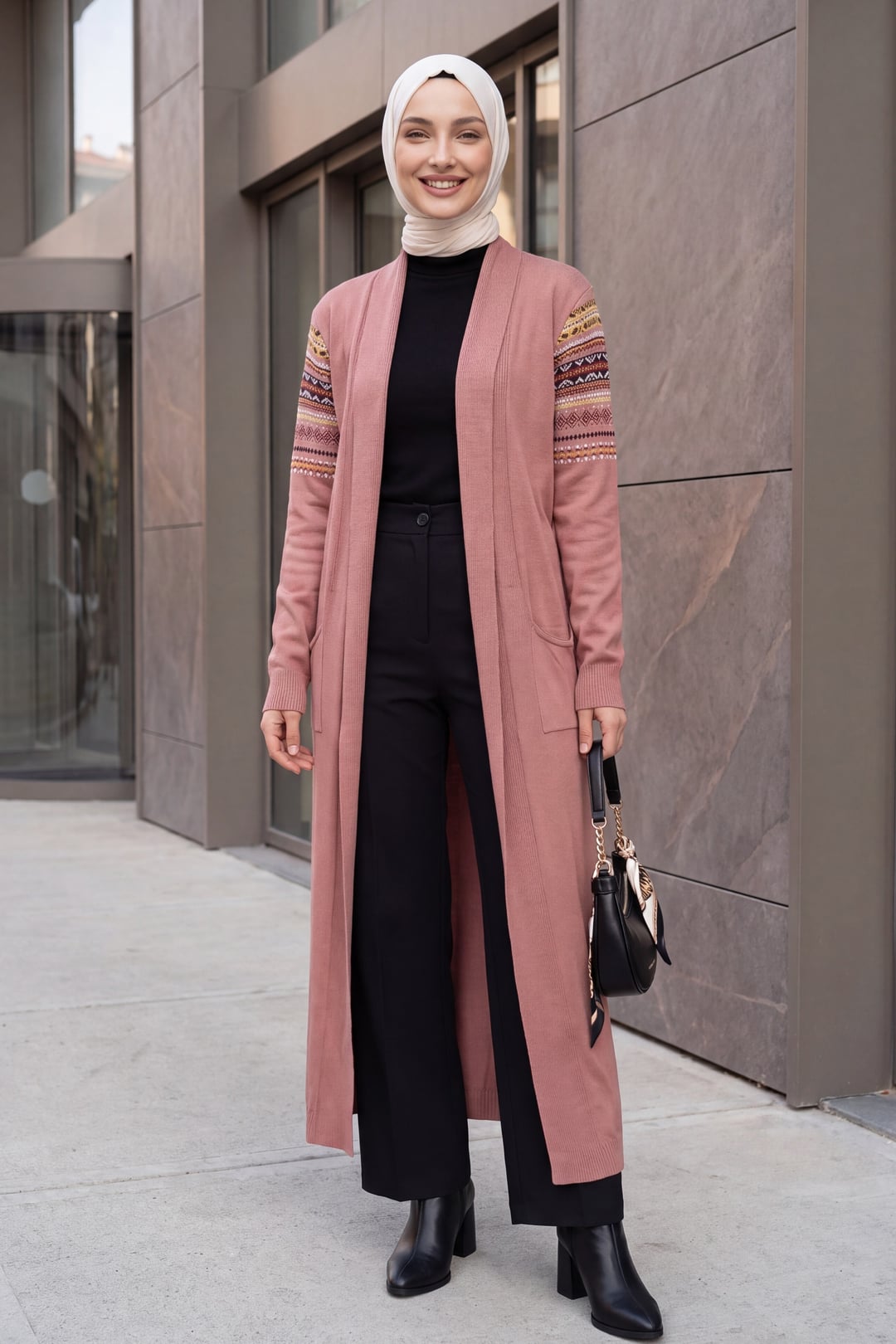Long Knit Cardigan with Belt - Dusty Rose - Bigdart - by Peralane - photo 2