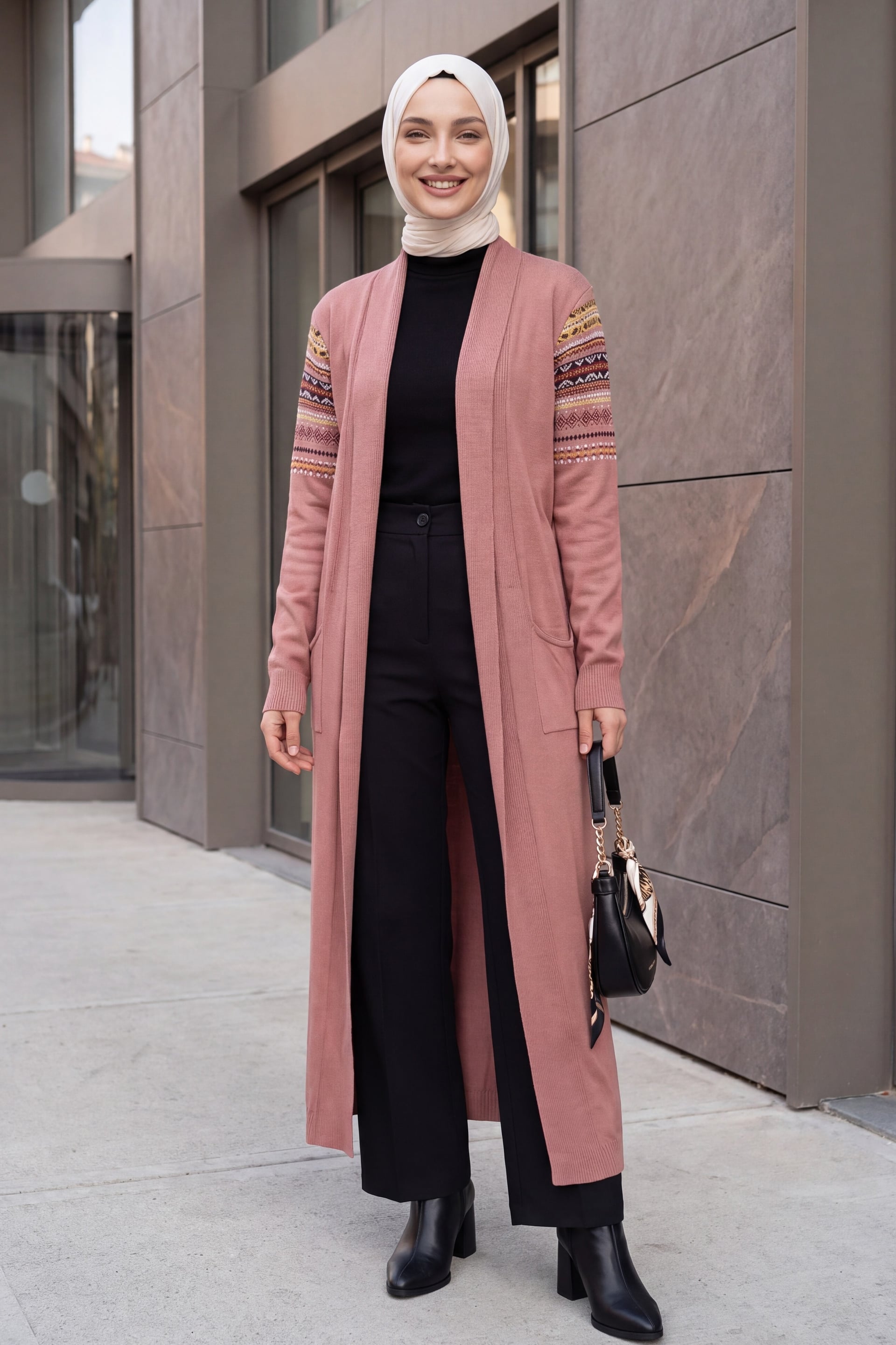 Long Knit Cardigan with Belt - Dusty Rose - Bigdart - by Peralane - photo 2