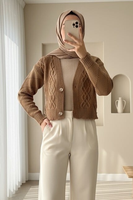 Stone Button Cropped Cardigan - Mink - Podyumplus - by Peralane - photo 2