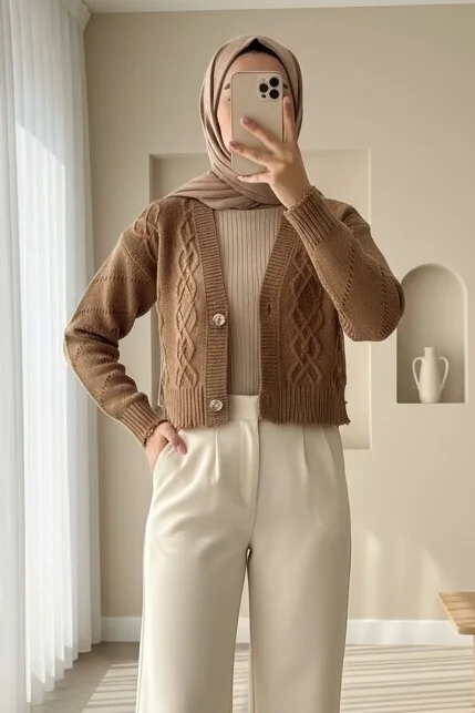 Stone Button Cropped Cardigan - Mink - Podyumplus - by Peralane - photo 2