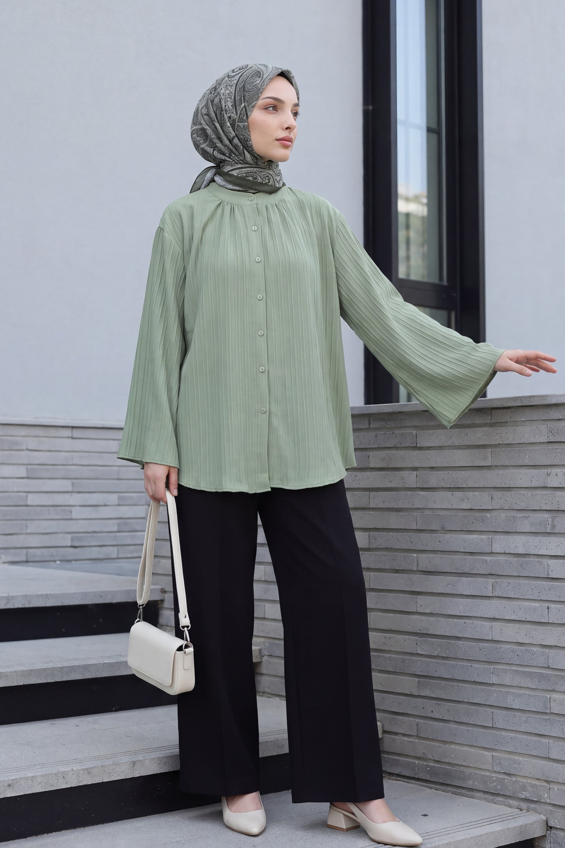 Women's High-Waist Wide-Leg Trousers with Velcro Waistband - Olive Green - Podyumplus - by Peralane - photo 3