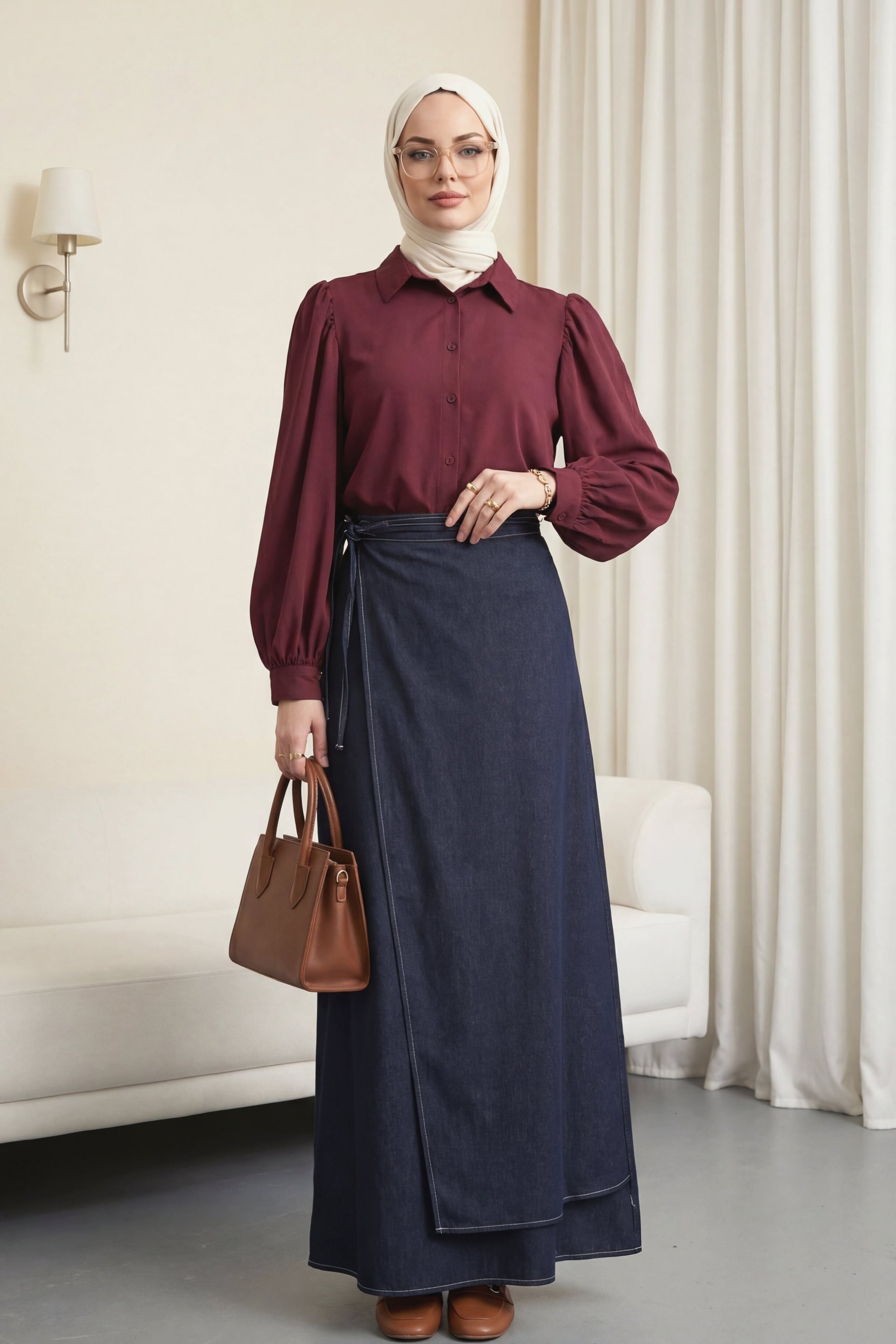 Burgundy Balloon Sleeve Buttoned Short Poplin Shirt - Podyumplus - by Peralane - photo 5