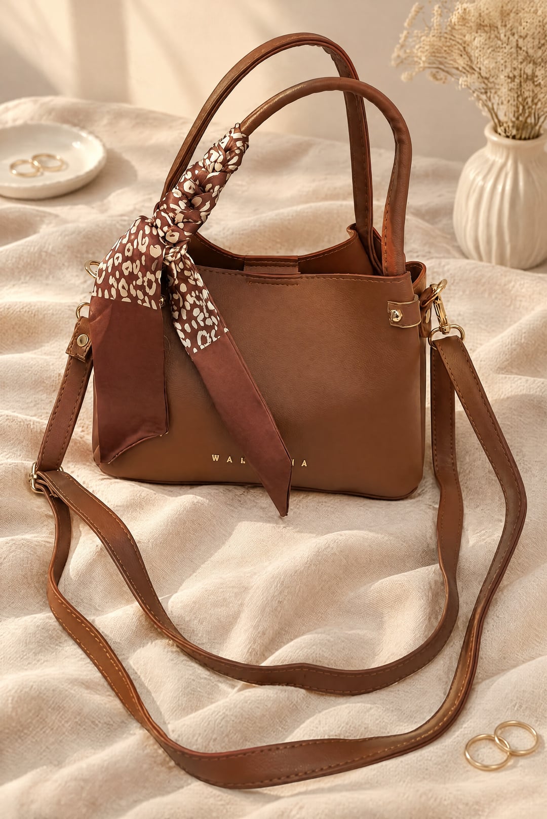Scarf Detail Shoulder Bag, 3 Compartments - Tan - Podyumplus - by Peralane