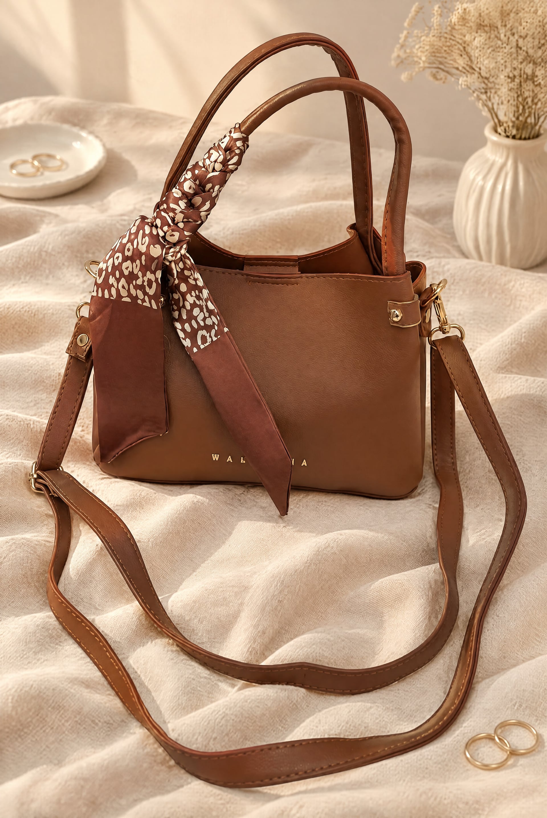 Scarf Detail Shoulder Bag, 3 Compartments - Tan - Podyumplus - by Peralane
