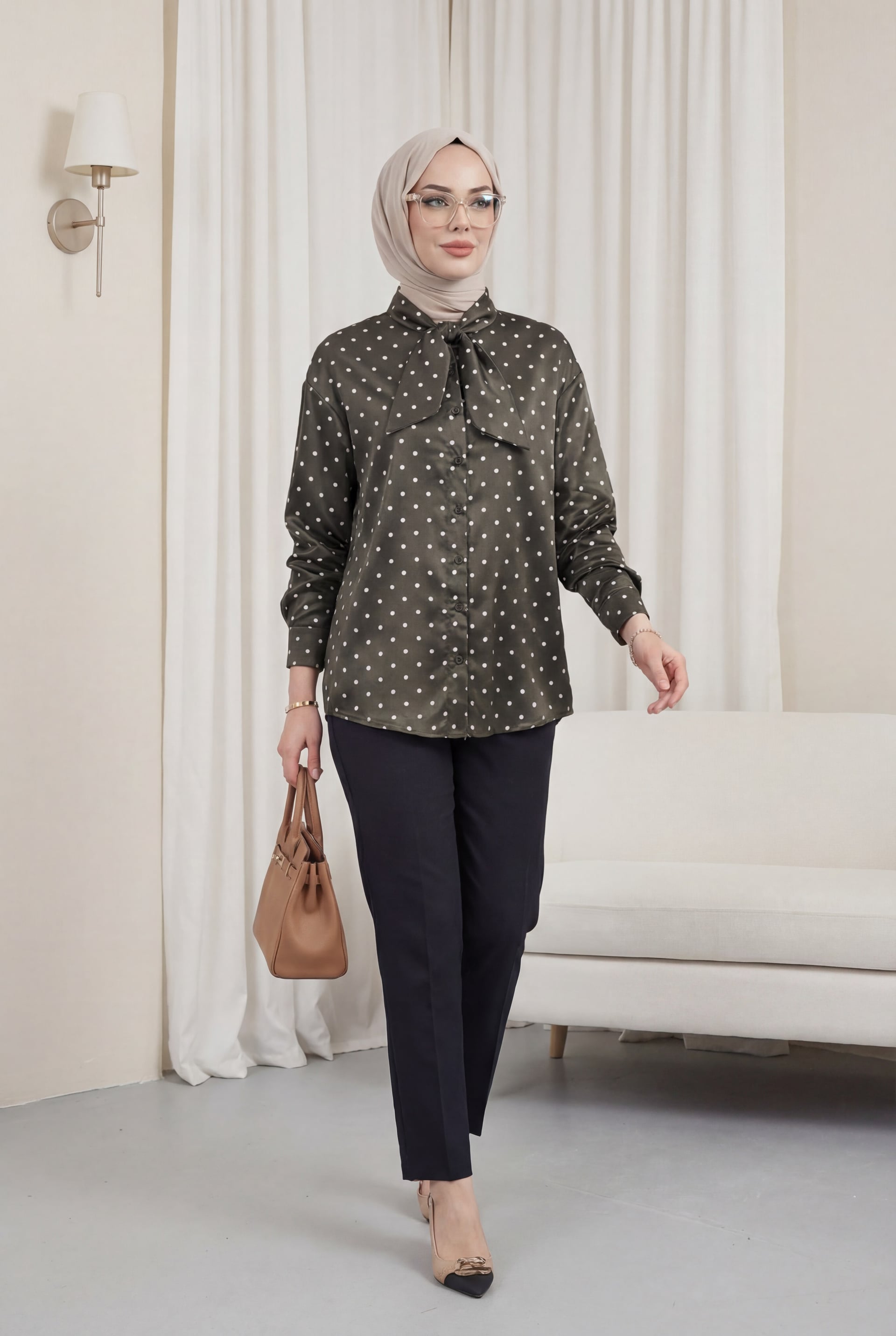 Polka Dot Satin Blouse with Pussy Bow Collar - Dark Brown - Podyumplus - by Peralane - photo 2