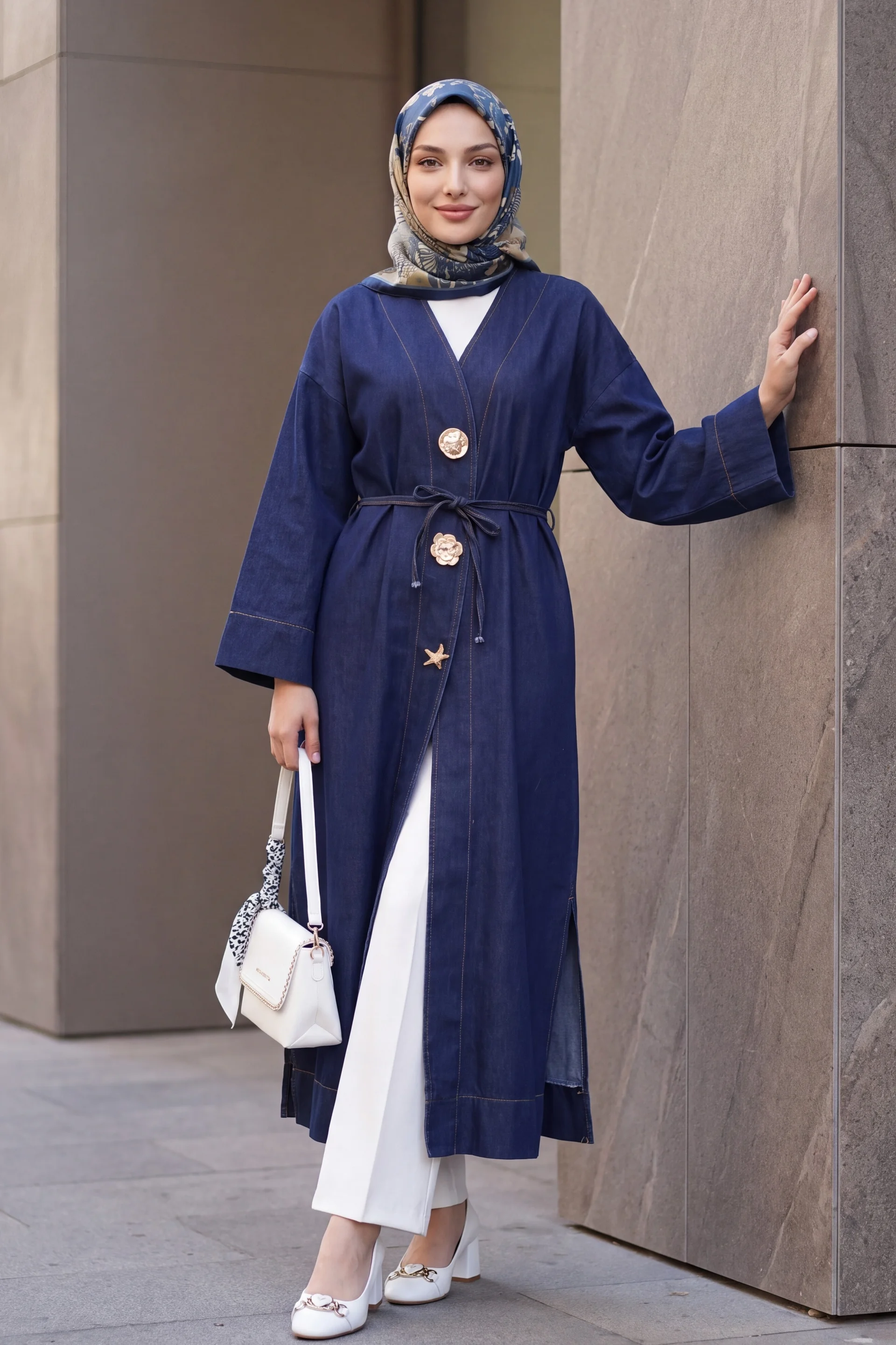 Long Denim Kimono with Tie Belt and Brooch Detail - Dark Navy - Podyumplus - by Peralane