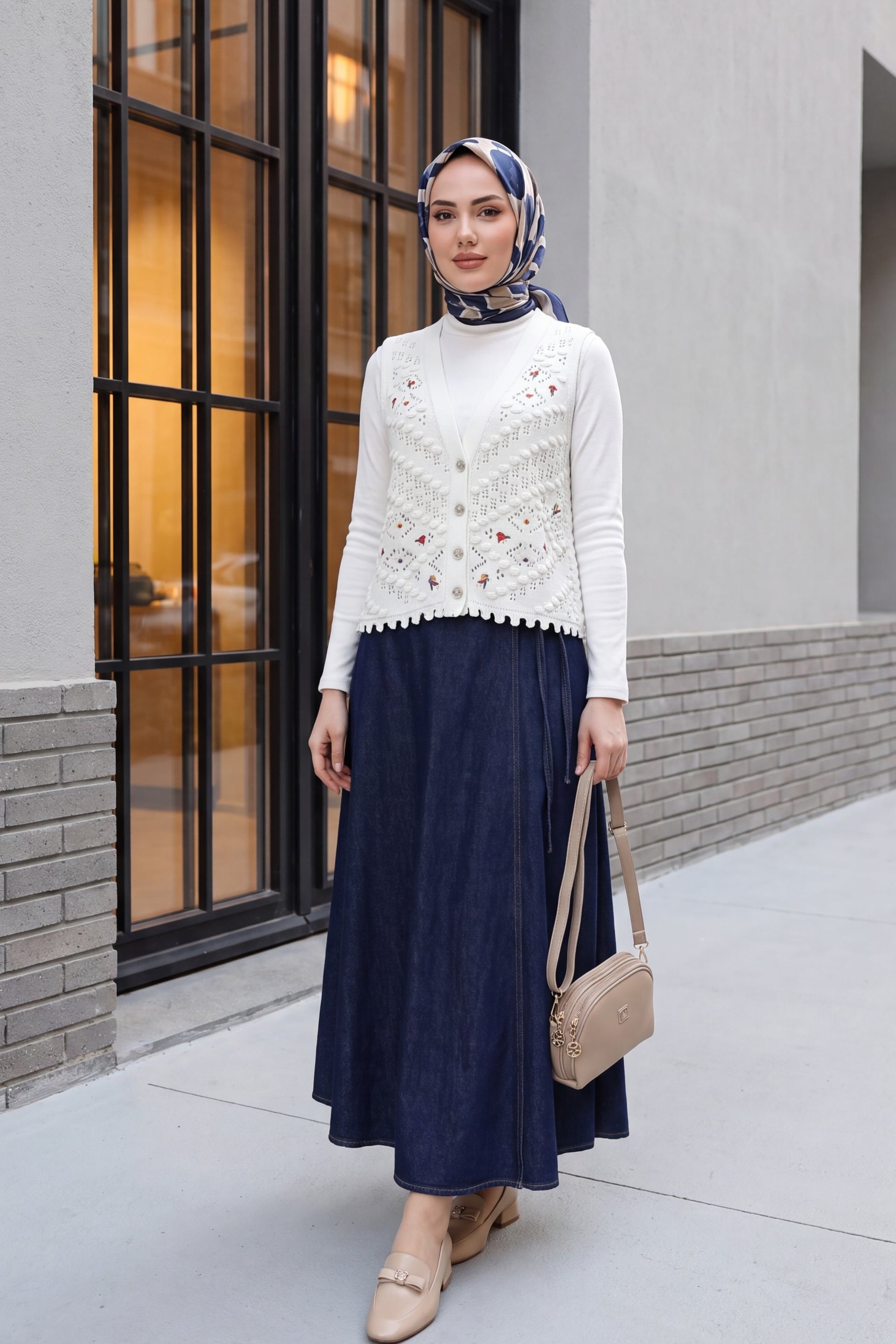 Ecru Sleeveless V-Neck Cardigan with Floral Embroidery and Pom-Pom Details - Podyumplus - by Peralane - photo 4