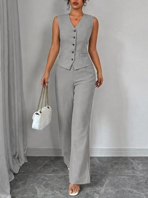 Women's Sleeveless Button-Front Vest and Wide-Leg Trousers Linen Two-Piece Set - Janes - by Peralane
