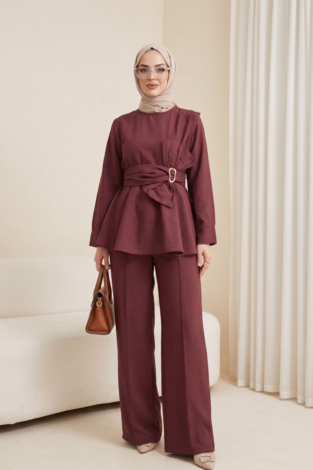 Belted Bow Detail Cupro Co-ord Set in Maroon - Podyumplus - by Peralane