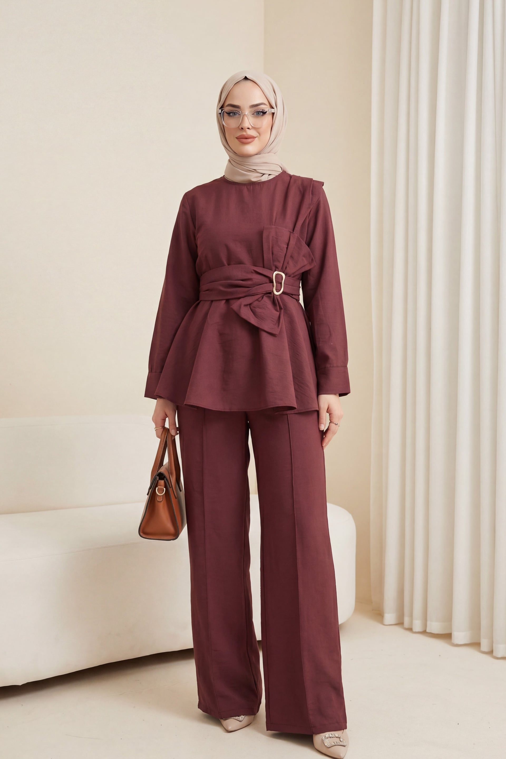 Belted Bow Detail Cupro Co-ord Set in Maroon - Podyumplus - by Peralane
