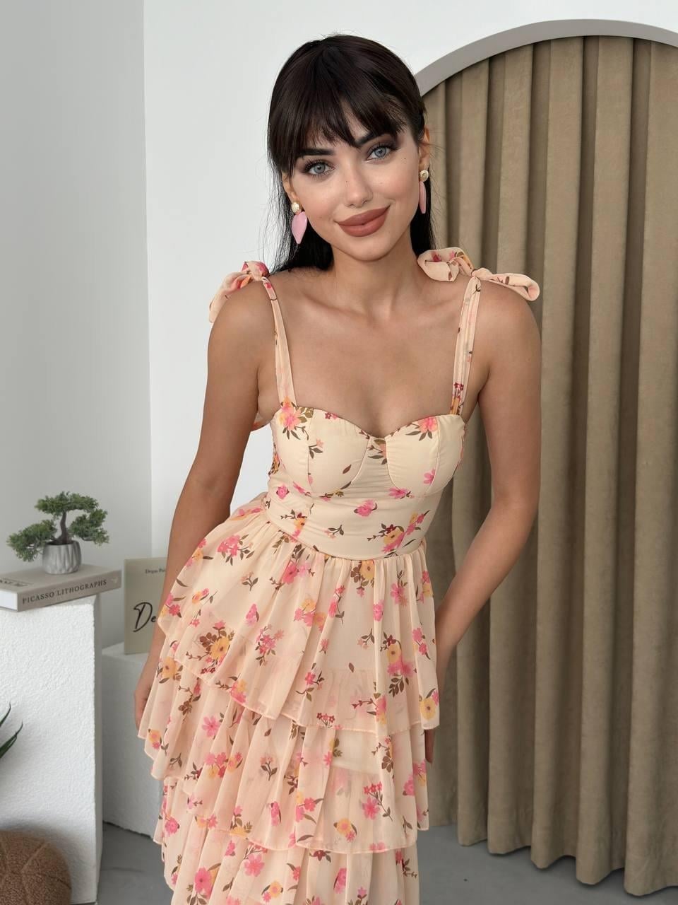 Pavia Midi Length Dress in Beige with Floral Print - Etika - by Peralane