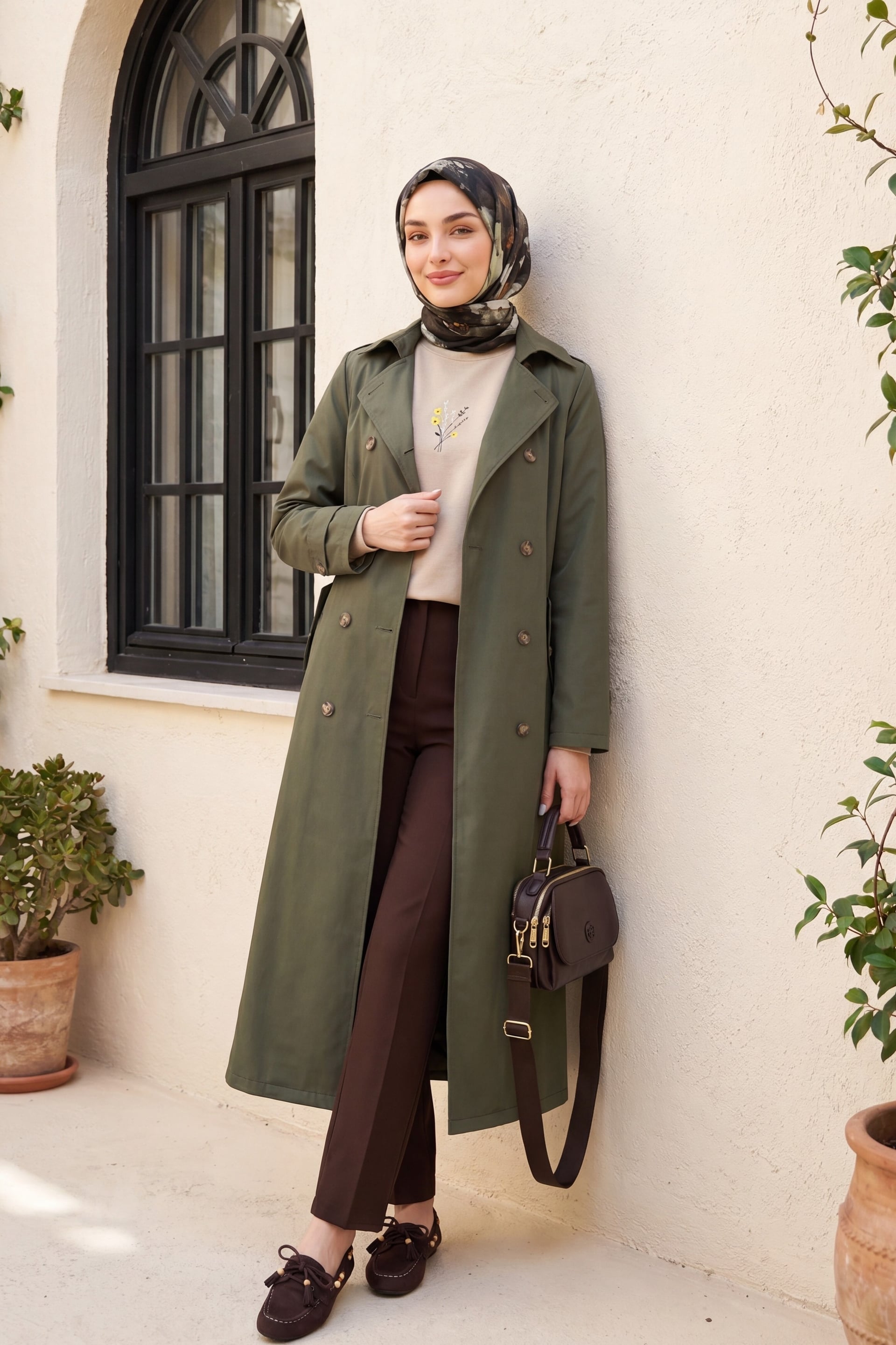 Double-Breasted Belted Trench Coat - Olive Green - Podyumplus - by Peralane