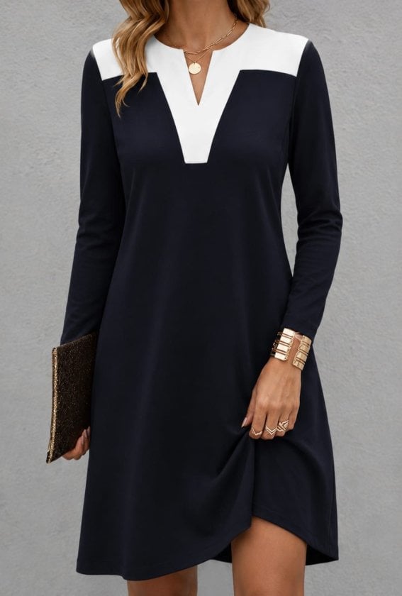 Women's Long-Sleeved V-Neck Two-Tone Viscose Short Dress - Janes - by Peralane