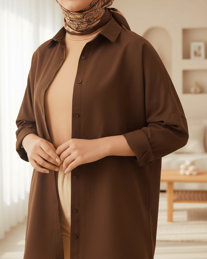 Oversize Basic Modest Shirt - Brown - Bigdart - by Peralane - photo 2