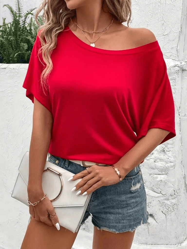 Women's Off-Shoulder Short-Sleeve Jersey T-Shirt in Red - Janes - by Peralane