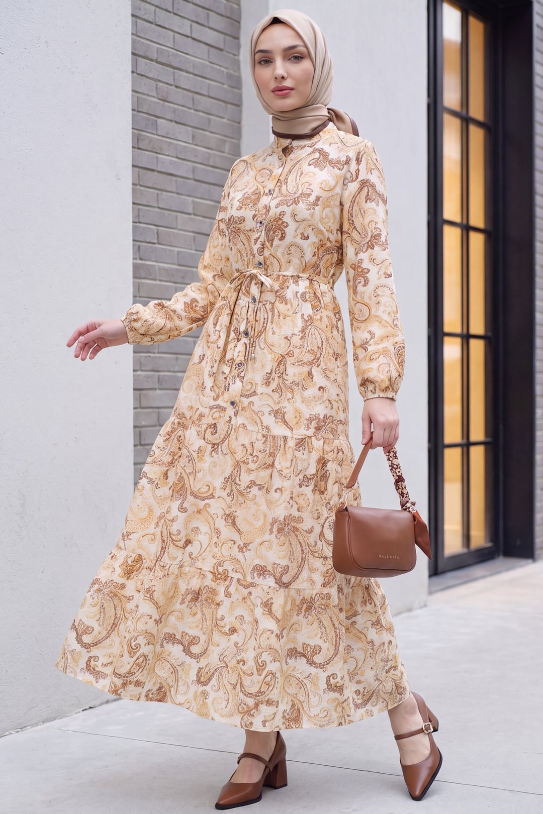 Notched Collar Half-Button Mixed Print Elastic Cuff Policoton Dress - Cinnamon - Podyumplus - by Peralane - photo 4