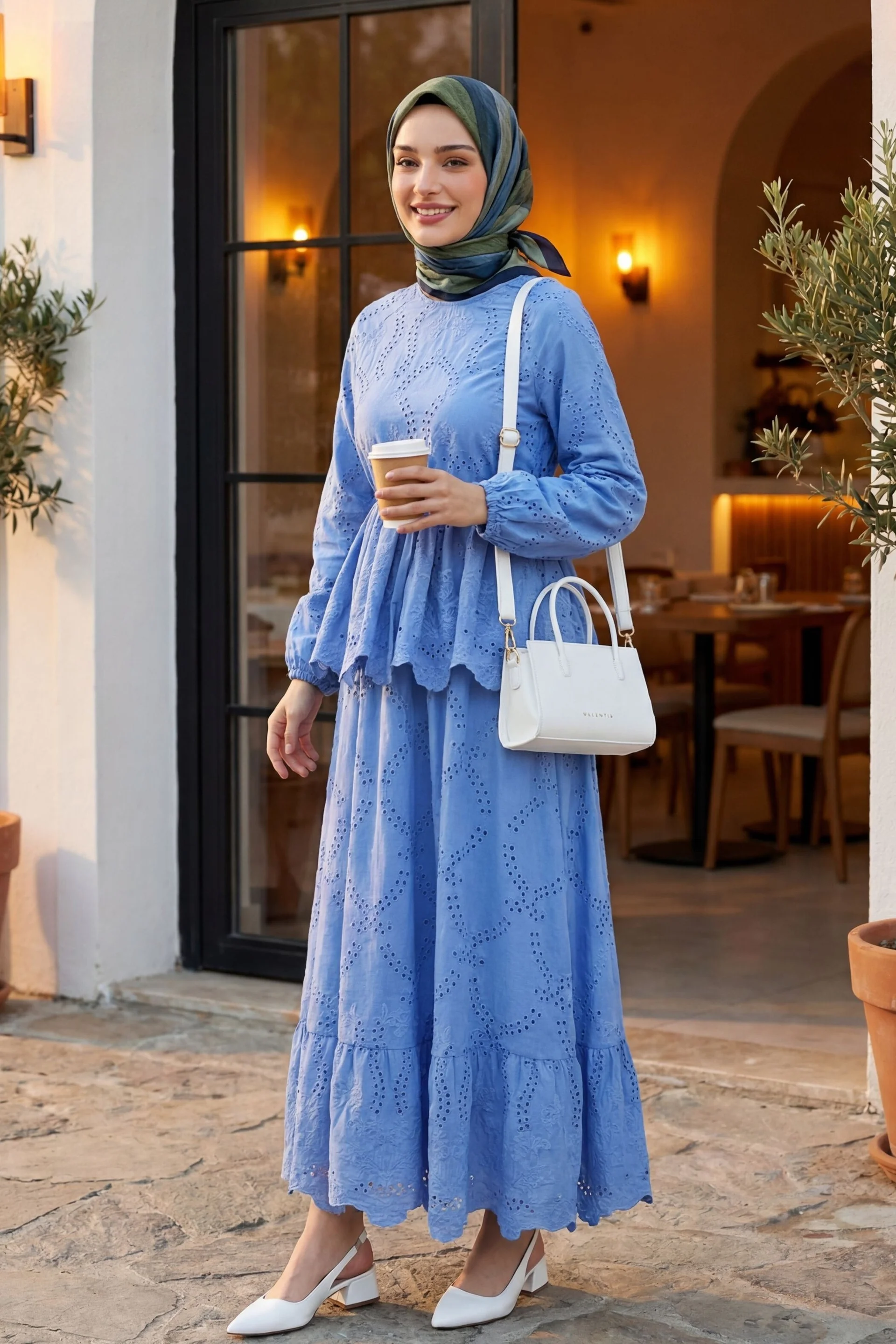 Light Blue Two-Piece Set with Eyelet Embroidery and Tie Waist - Podyumplus - by Peralane - photo 2