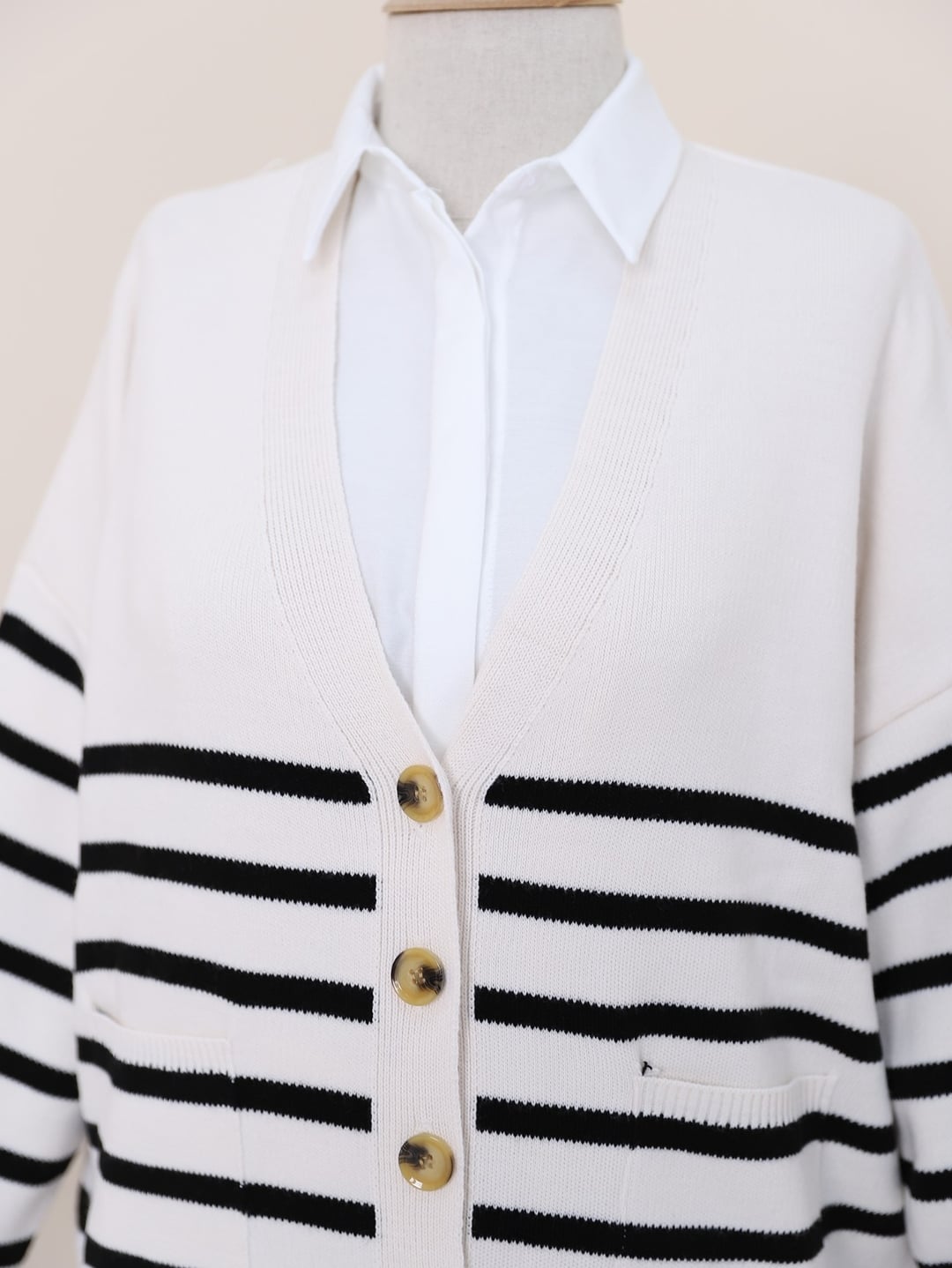 Striped Button-Front Cardigan with Pockets - Ecru - Podyumplus - by Peralane - photo 8